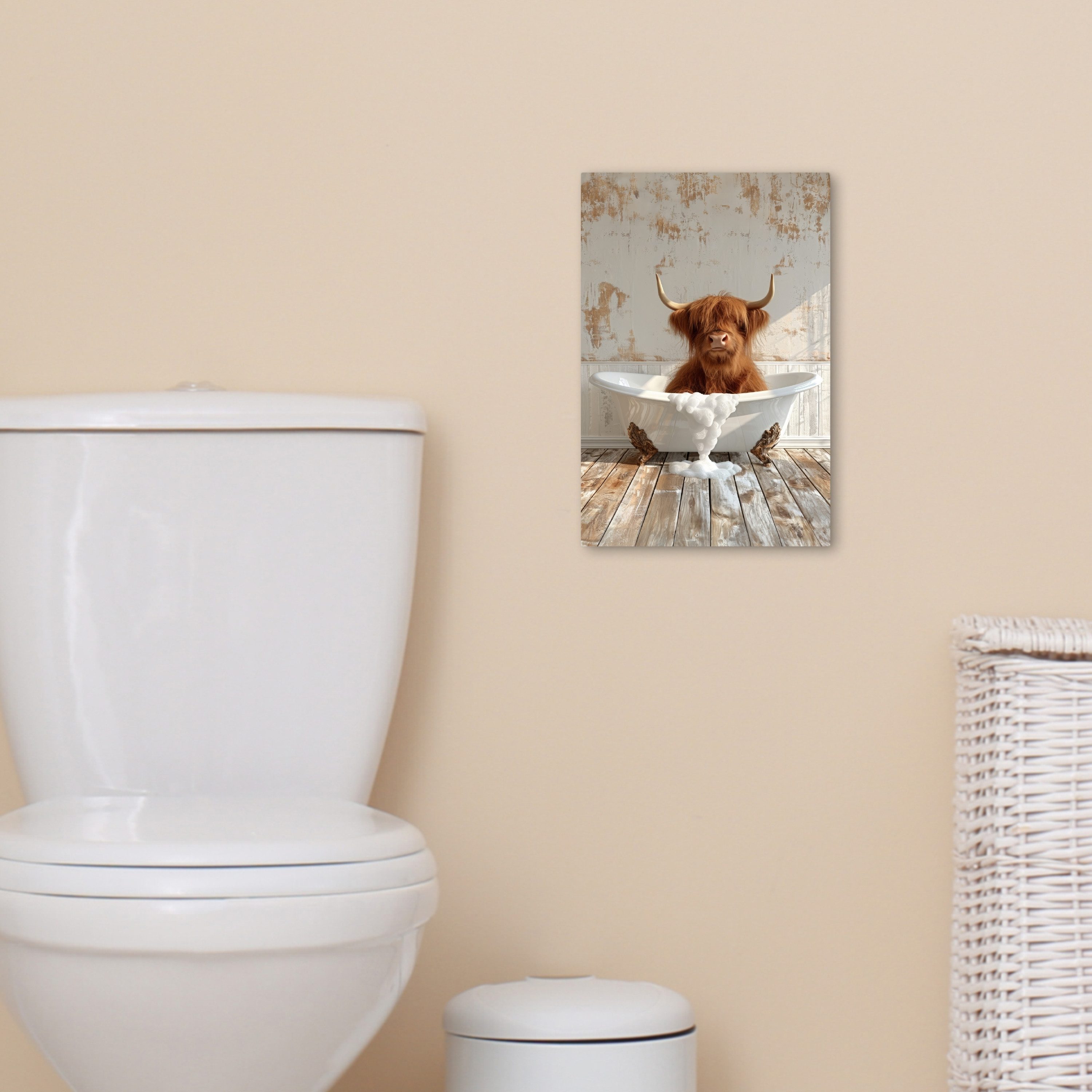 OneMillionCanvasses® Leinwandbild Schottischer Highlander - Badewanne - Vintage - Kuh, Fotodruck (1 St), Badezimmer Deko, Bilder WC, Toilette Wanddeko 20x30 cm