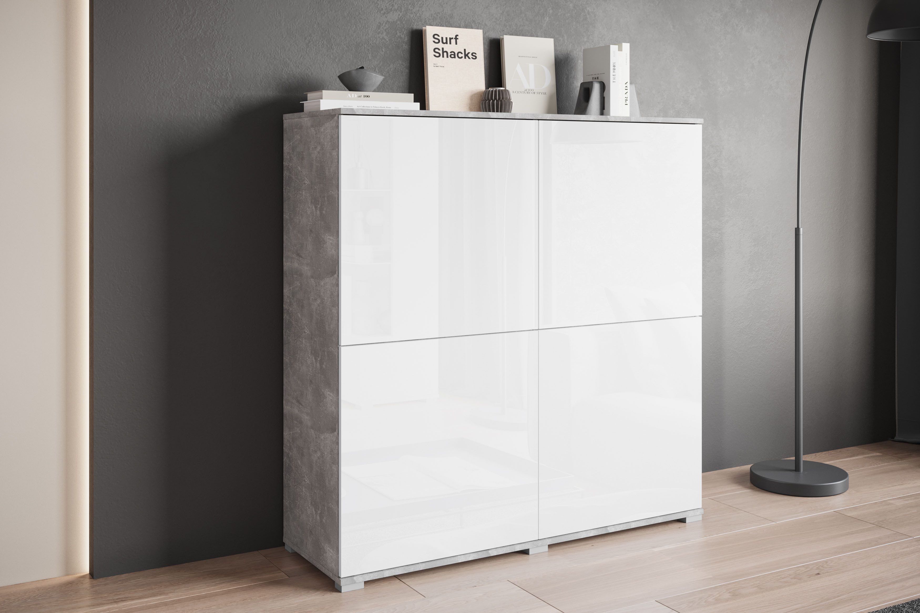 OTTO home Highboard Kenia, moderne grifflose Hochkommode mit 4 Türen, Breite 120 cm (1 St), Push-to-Open-Fronten, höhenverstellbaren Einlegeböden