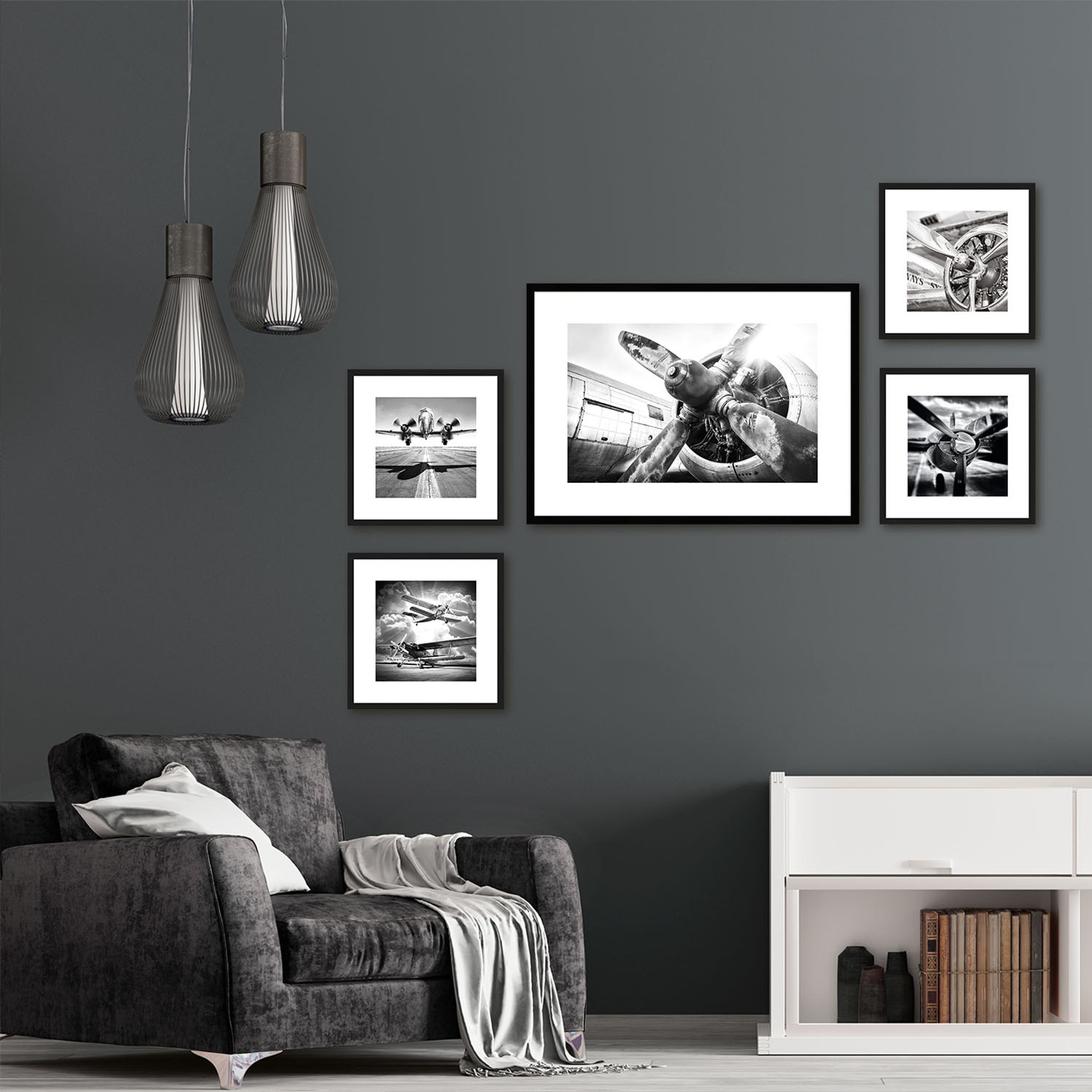 I Schwarz-Weiß gerahmt Bild Zeichnung: / Wandbild, artissimo mit Design-Poster 30x30cm inkl. Bild Flugzeuge Holz-Rahmen Rahmen /