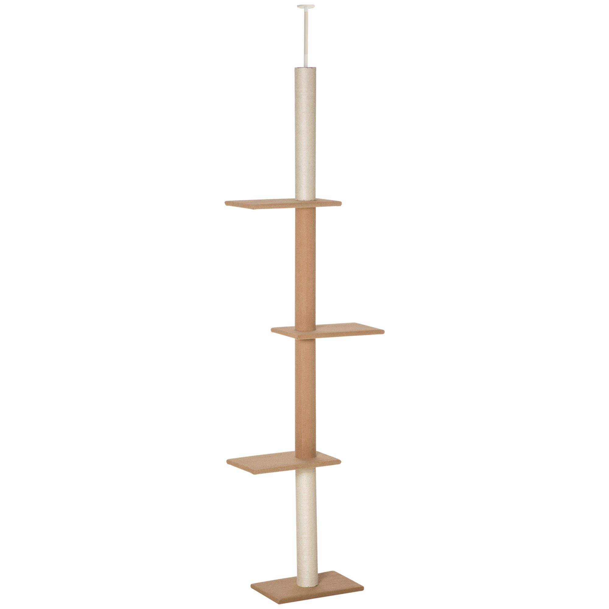 PawHut Kratzbaum Kletterbaum für Katzen mit 3 Ebenen, Katzenkratzbaum, Khaki, 43L x 27B x 228-260H cm