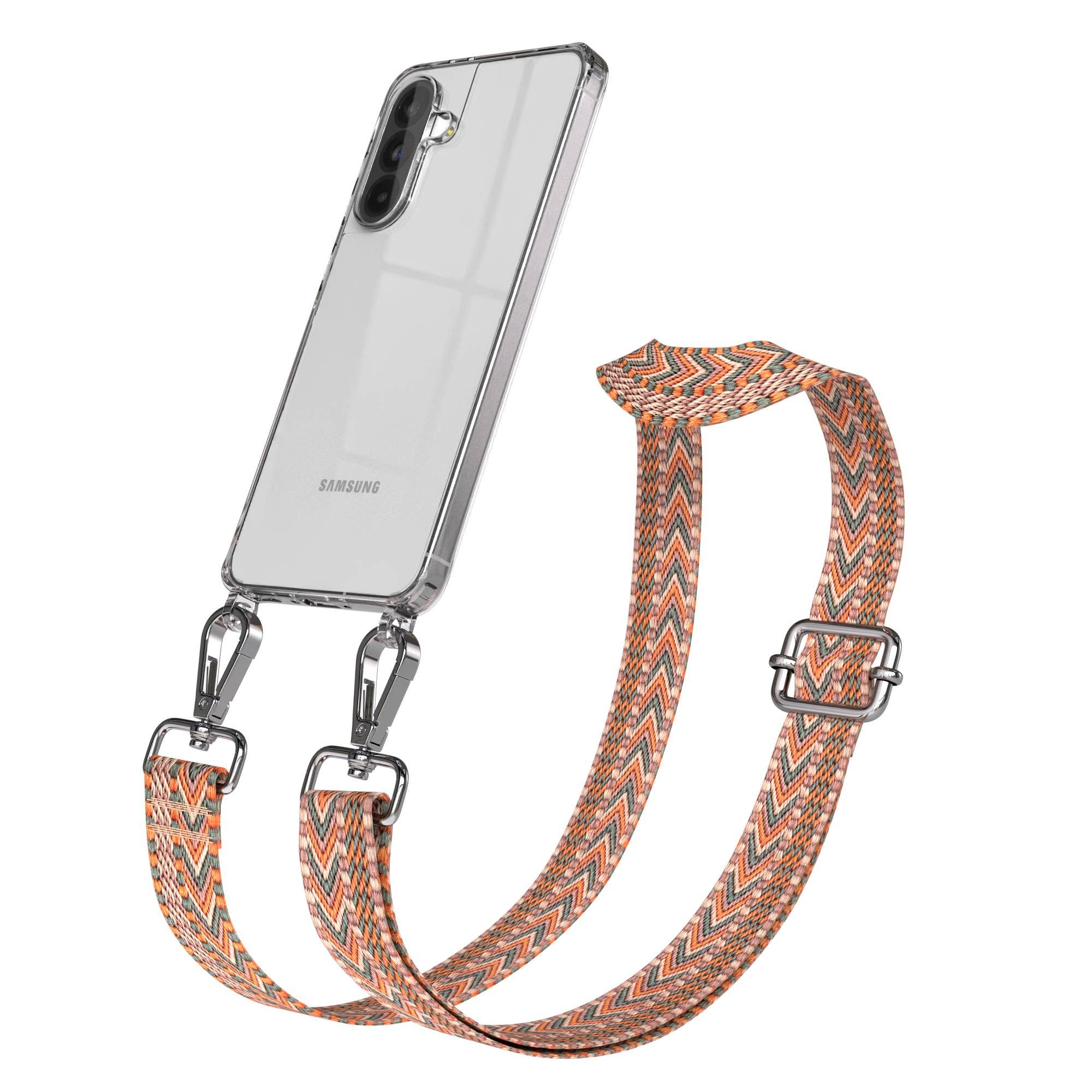EAZY CASE Handykette Boho Umhängeband für Samsung Galaxy A56 6,7 Zoll, schmaler Gürtel Kordel transparenter Silikonhülle Umhängetasche Orange