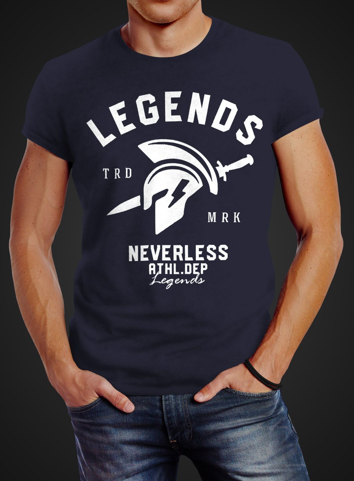 Neverless Print-Shirt Cooles Herren Legends Print Fitness Gym Sparta Athletics Gladiator Sport Neverless® mit T-Shirt navy