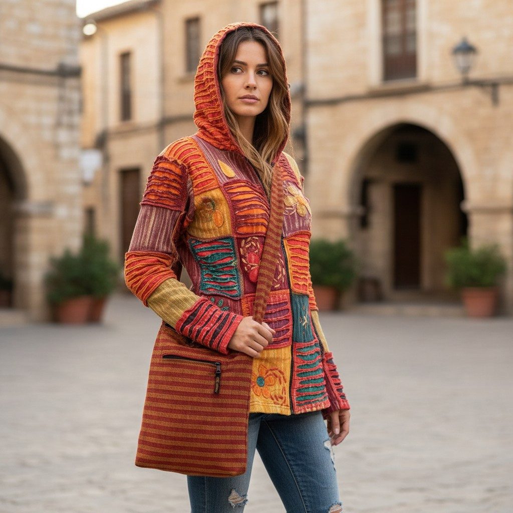 Guru-Shop Langjacke Bunte Patchwork Jacke, Boho Unikat Hippie Jacke.. alternative Bekleidung