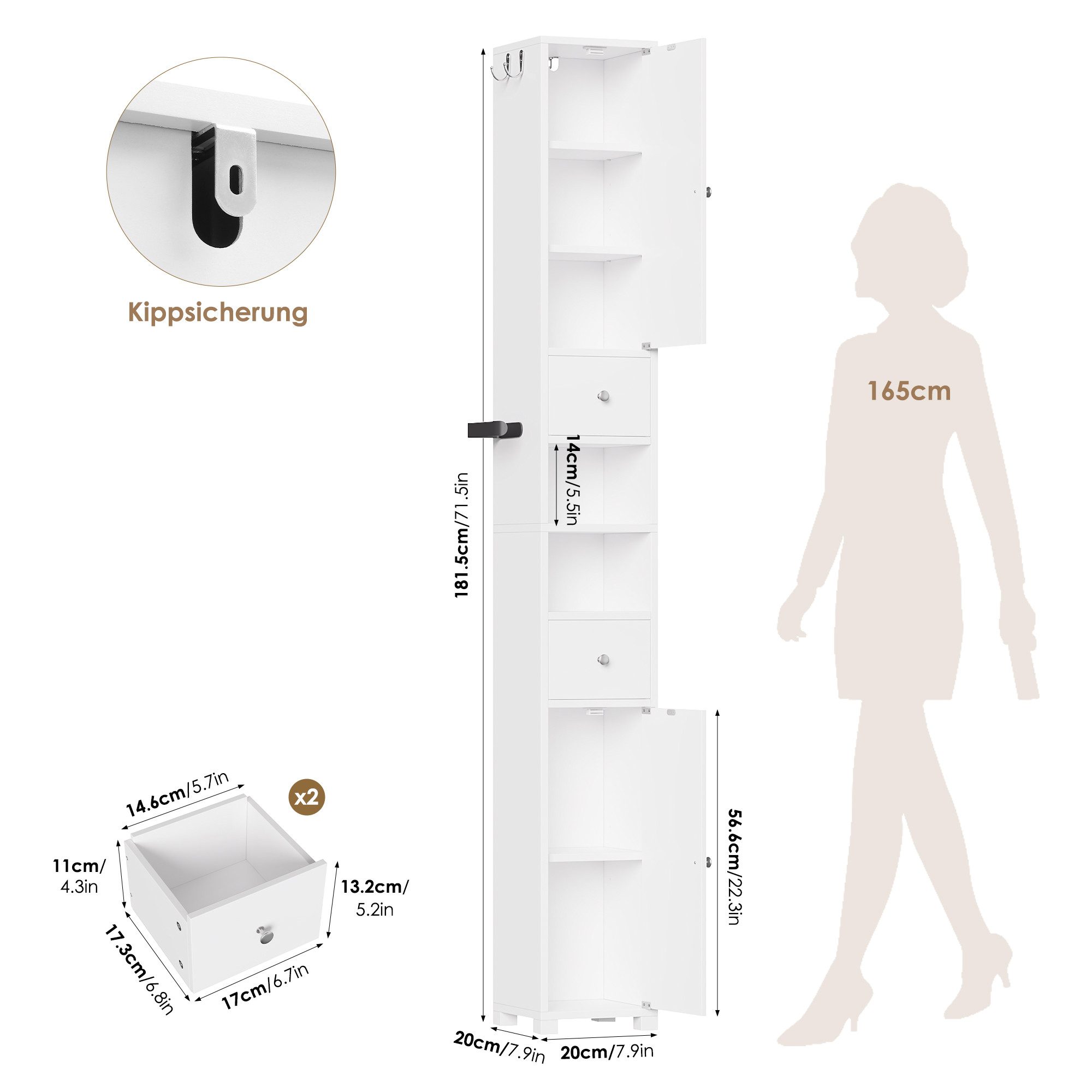 Homfa Hochschrank Badschrank schmal Badezimmerschrank Badregal mit verstellbare Ablagen und Schubladen, rechts oder links