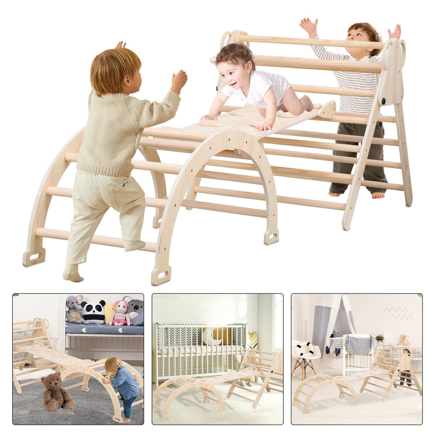 Clanmacy Klettergerüst Klettergerüst mit Bogen Montessori 3in1 Holzset für Kinder ab 1 Jahr, Höhenverstellbare Rampenhöhe;Abgerundete Kanten