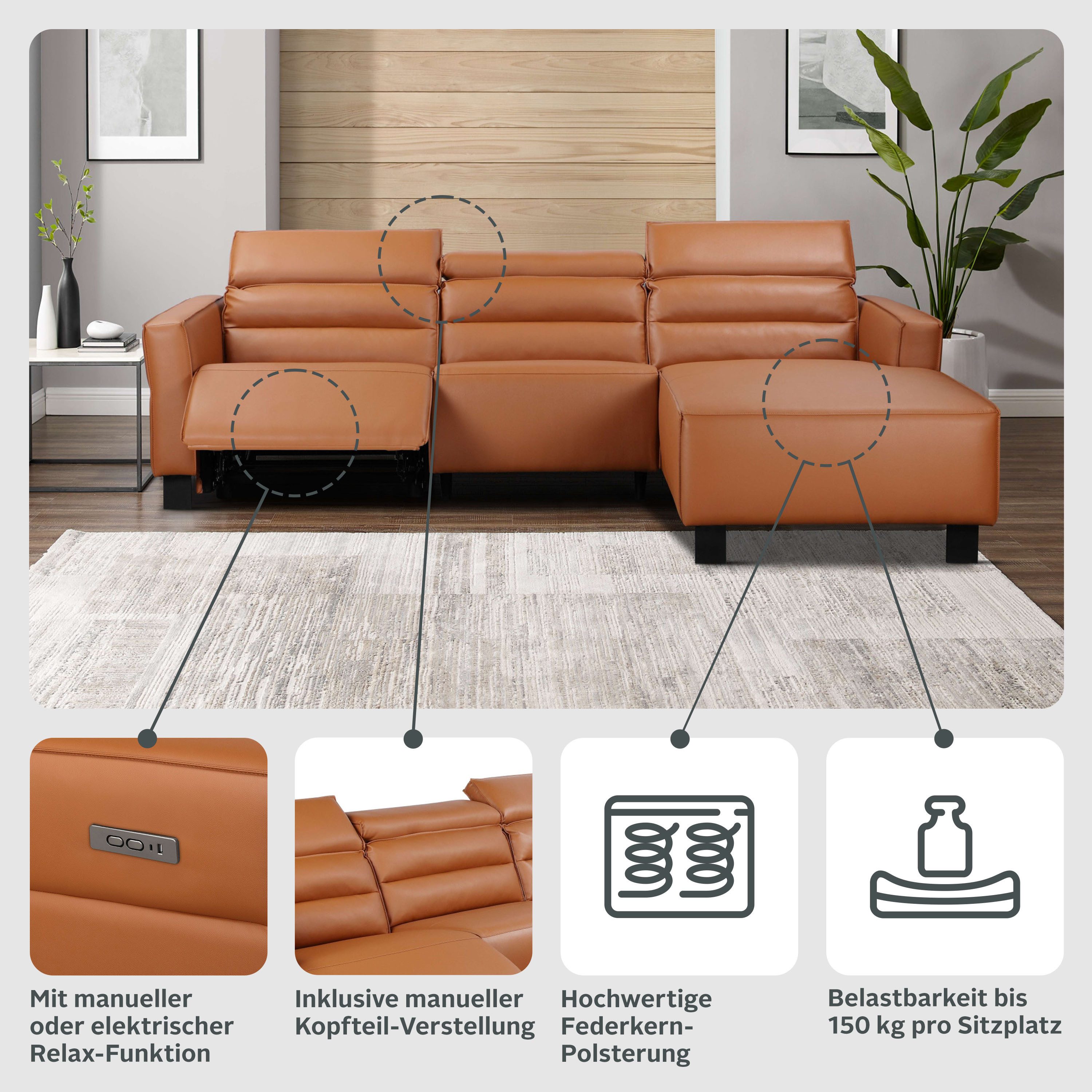 Home affaire Ecksofa Carpari, L-Form, 263 cm, manuelle o. elektrische Relaxfunktion, USB A/C und Kopfteilverstellung