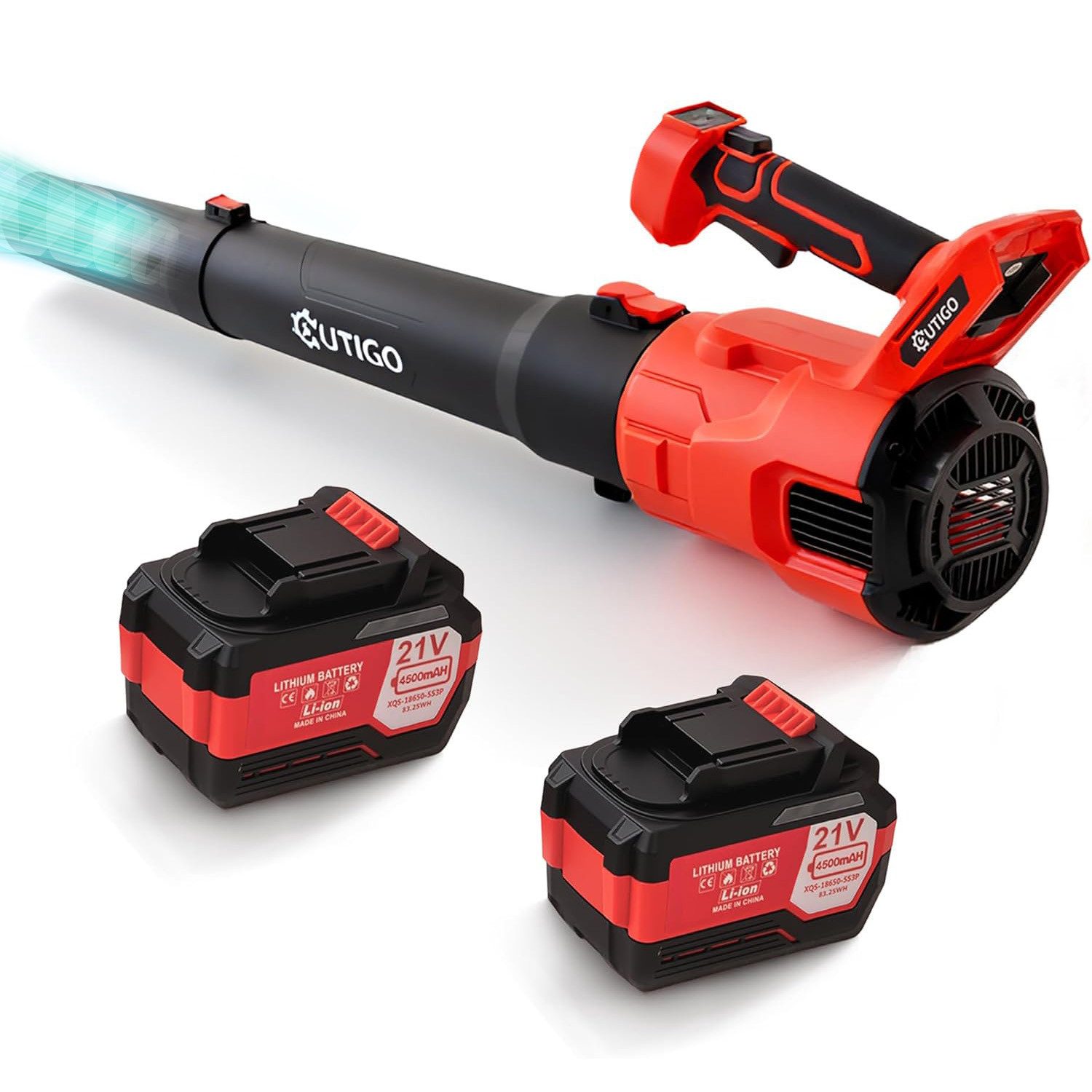OUTIGO Akku-Laubbläser Akku Laubbläser, Elektrischer Laubbläser mit 2×4,5Ah Akkus