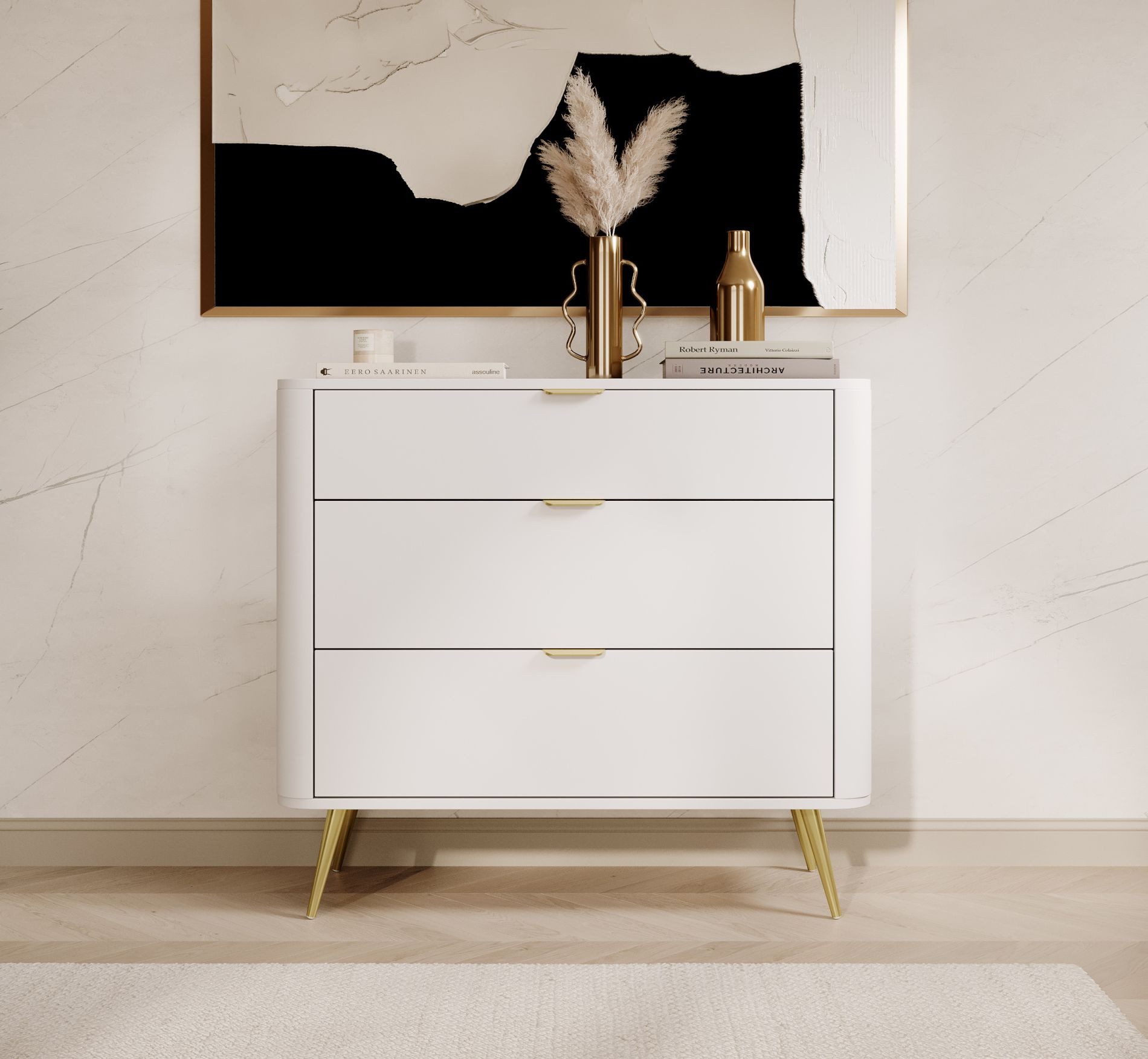 Selsey Kommode OVAL, mit 3 Schubladen, goldenen Füßen und Griffen, 92 cm