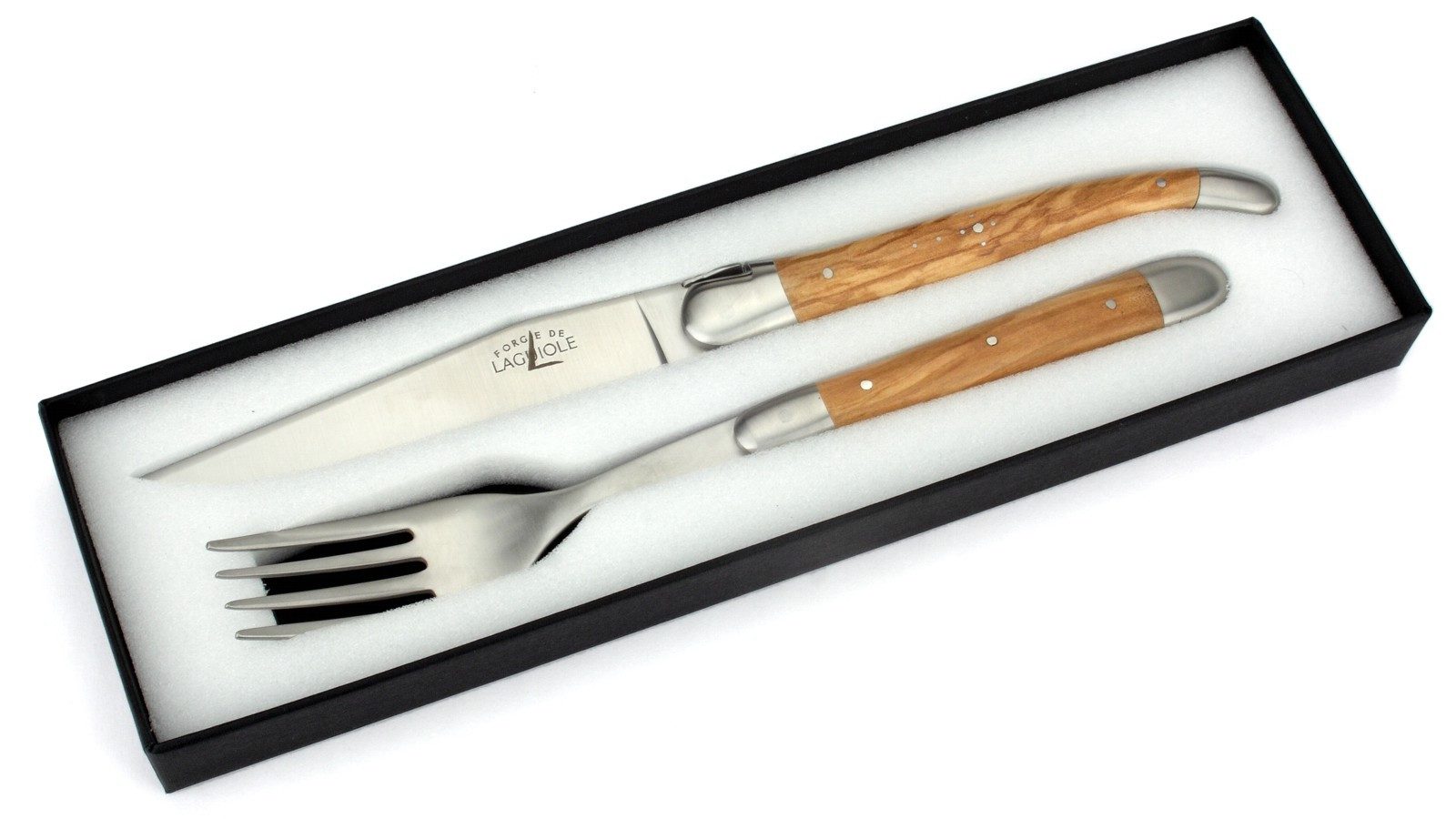Forge de Laguiole Steakbesteck TF 2M IN OL SAT, 1 Messer / 1 Gabel - Griff Olivenholz - Stahl satiniert