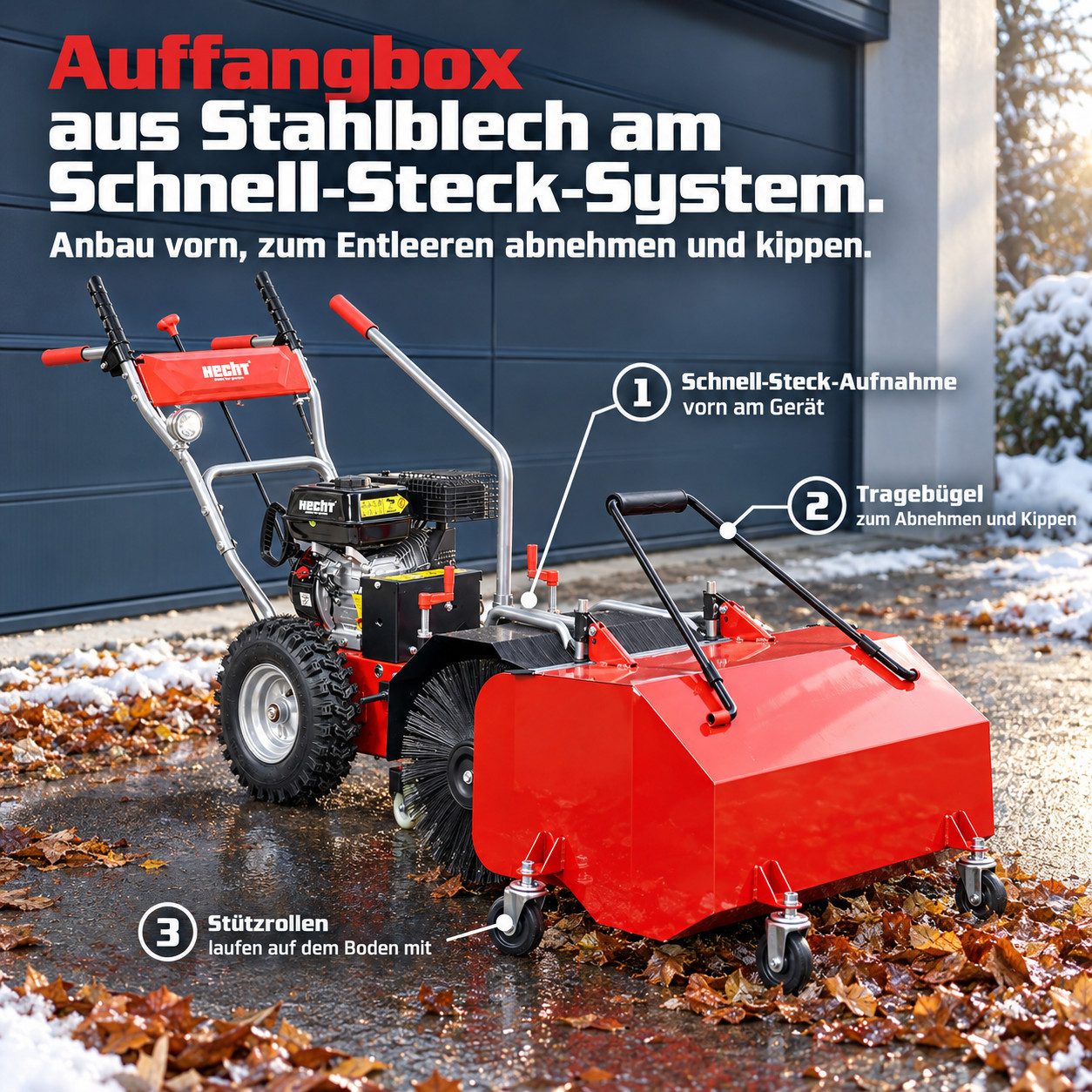 Hecht Benzin-Kehrmaschine 8616 SE Set 3 Benzin 62 cm mit Auffangbox, 62,00 cm Arbeitsbreite, Elektrostart, 6,5 PS