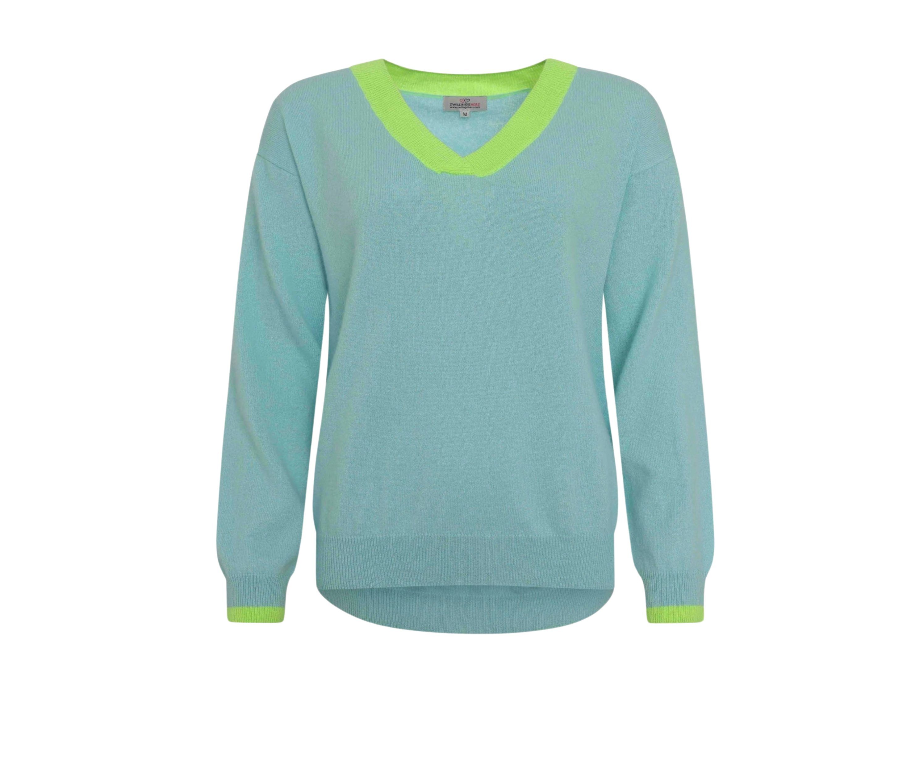 Kaschmirpullover V-Color-Neck Zwillingsherz Damen Mint Neon Zwillingsherz Kaschmirpullover