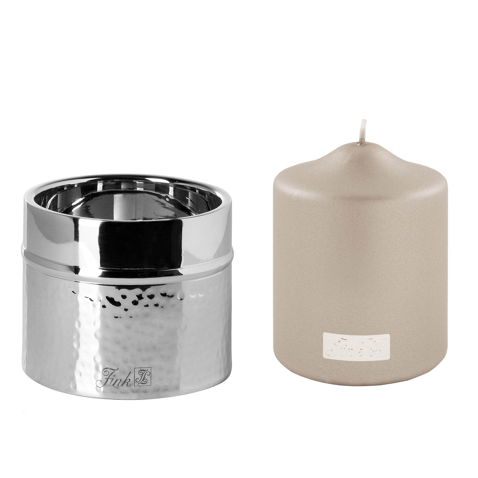 Fink Kerzenleuchter NASSAU - Stumpenkerzenhalter + Kerze - Edelstahl/Paraffin silber/stein (2er Set, 1 St., 2 Stück), Kerzenhalter - Windlicht - Kerzenlicht - Geschenkset - Dekoration