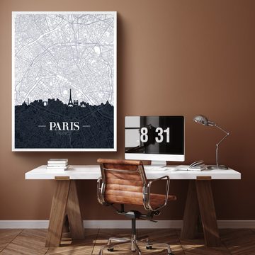 wandmotiv24 Leinwandbild Stadt Karte, Hochformat, Paris, Frankreich, Skyline, Silhouette, Weltkarten (1 St), Wandbild, Wanddeko, Leinwandbilder in versch. Größen