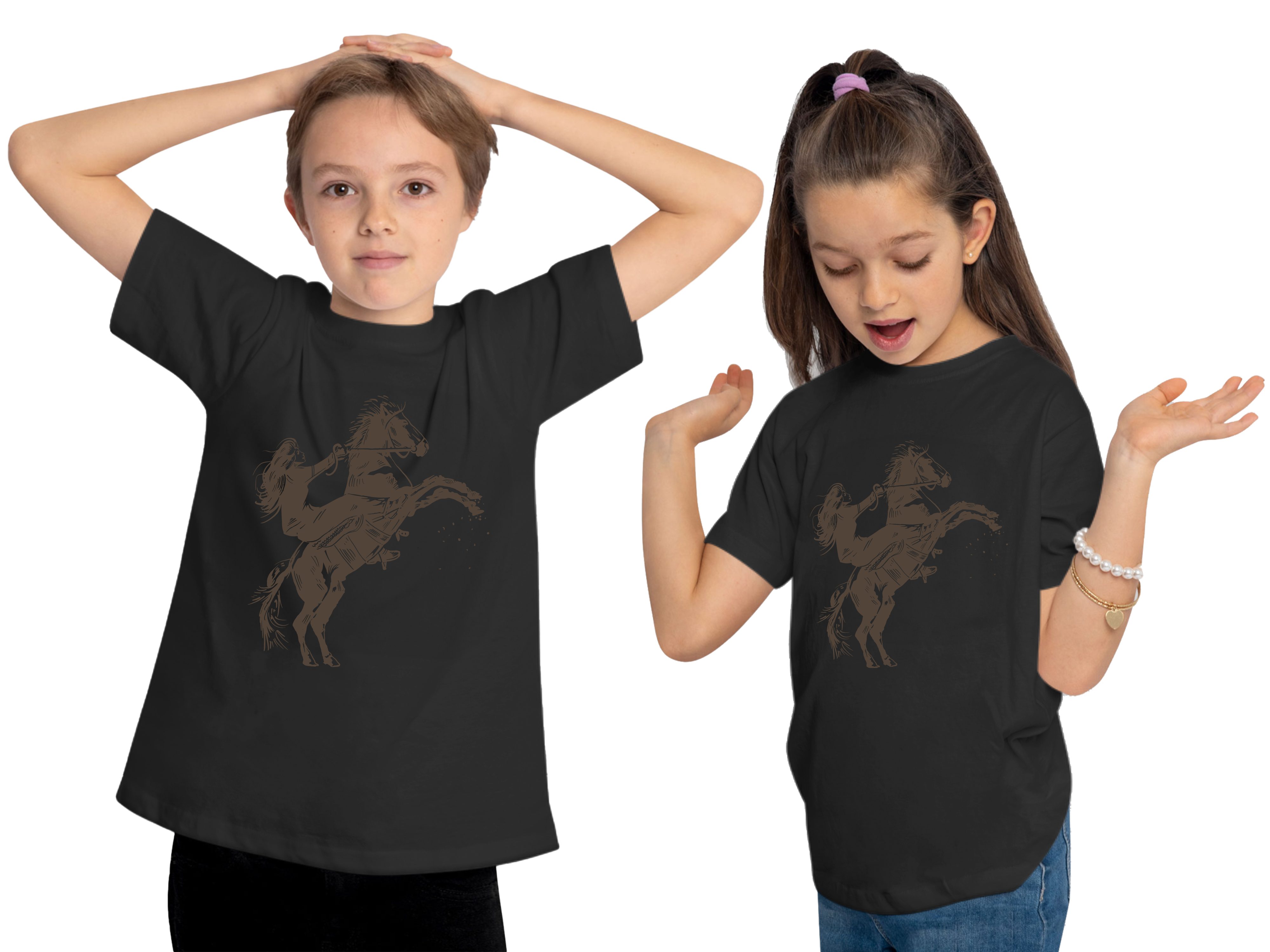 Aufdruck, mit Kinder MyDesign24 bedruckt T-Shirt Reiter Pferde mit schwarz i252 Pferd Baumwollshirt Shirt Print - Aufsteigendes