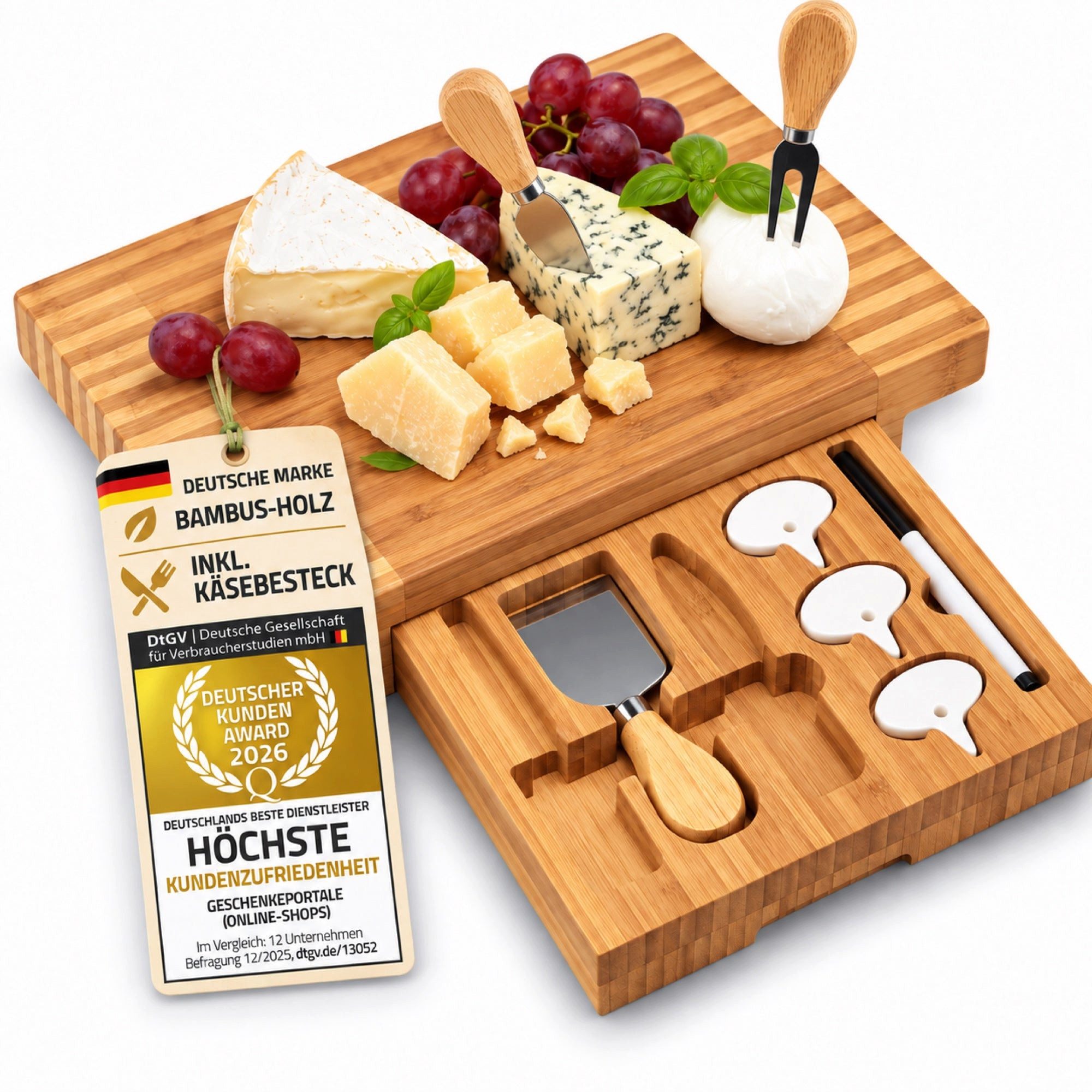 Dimono Käsebrett Deluxe Käsebrett aus Bambus mit 3 Käsemessern & Käsebesteck-Set, Bambus, (Servier-Brett mit Käsebesteck, 8-St), Käse-Schneidebrett