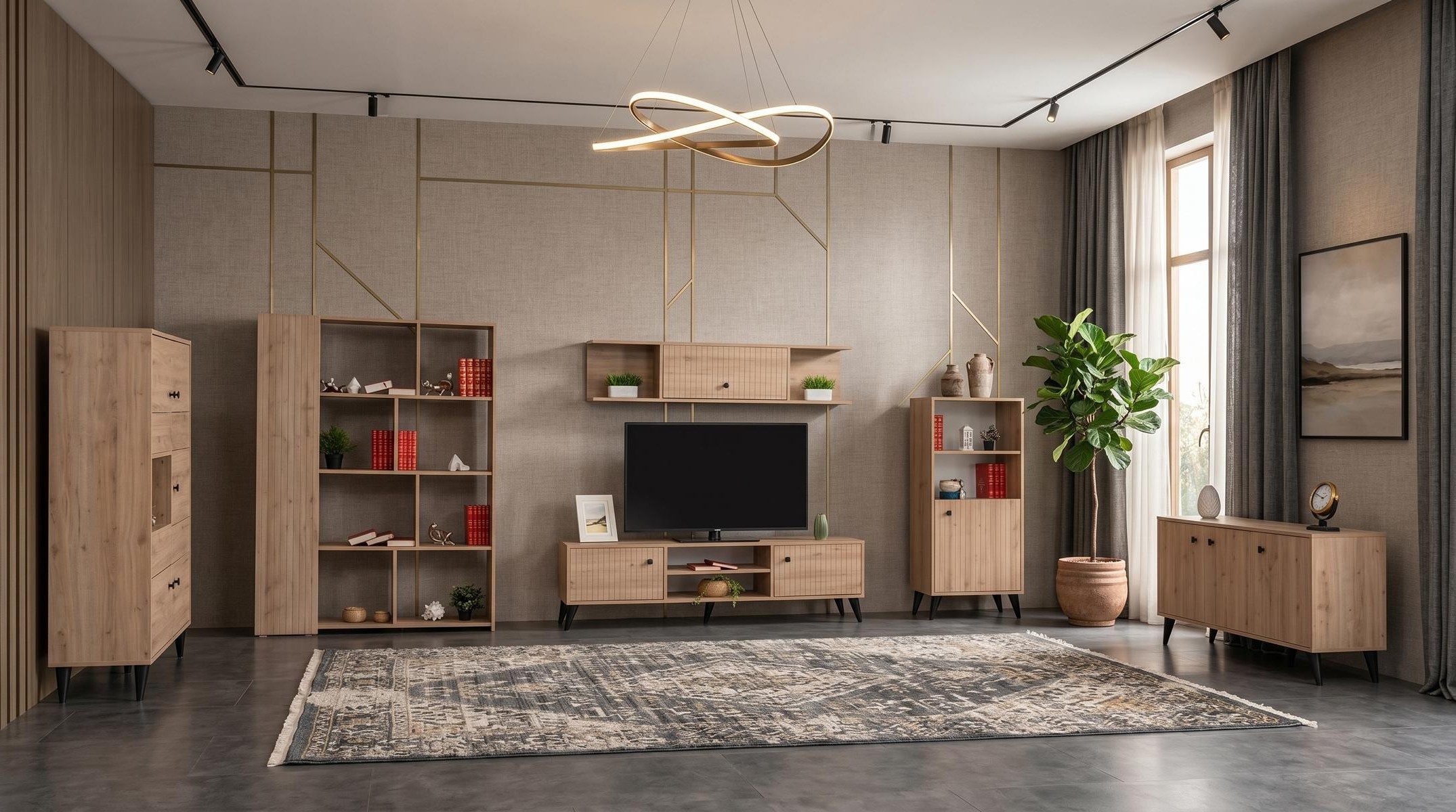 Xlmoebel Wohnzimmer-Set Braunes Wohnzimmer-Set TV-Schrank Vitrinenschrank Bücherregal, (6-St., 6-tlg)