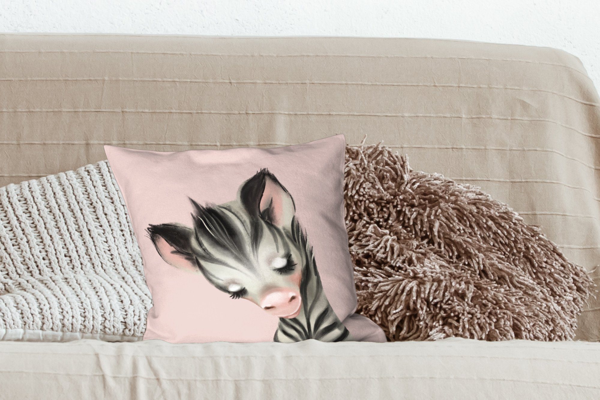 Schlafzimmer, Zebra mit Füllung Wohzimmer, Kinder Zierkissen - Deko, Sofakissen Rosa, Dekokissen MuchoWow - für