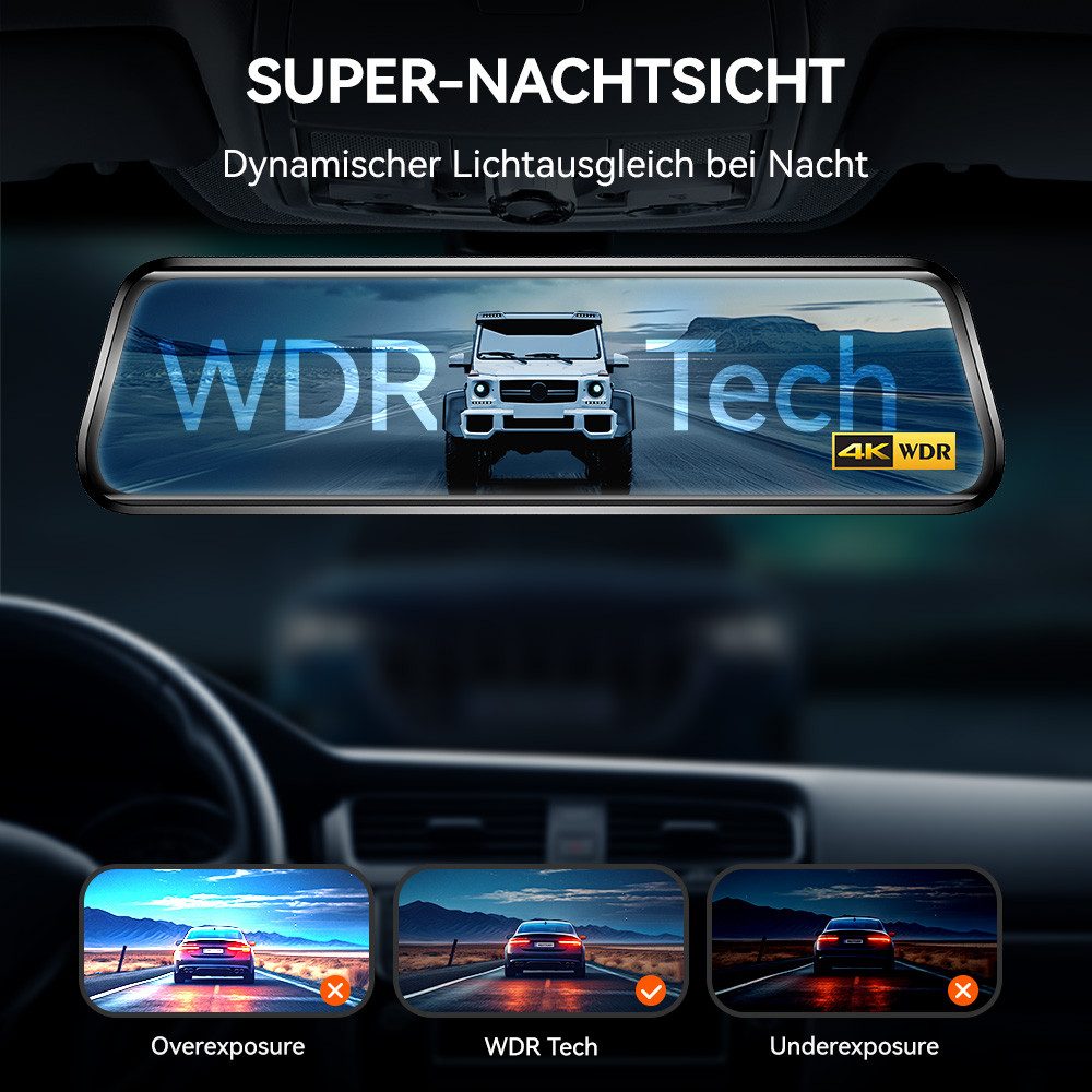 WOLFBOX Super-Nachtsicht Spiegel Dashcam (Vorne 4K UHD, Hinten 1080p, WLAN (Wi-Fi), mit Loop-Aufnahme, GPS,WiFi,24-Stunden-Parkmonitor) – Bild 4 von 5