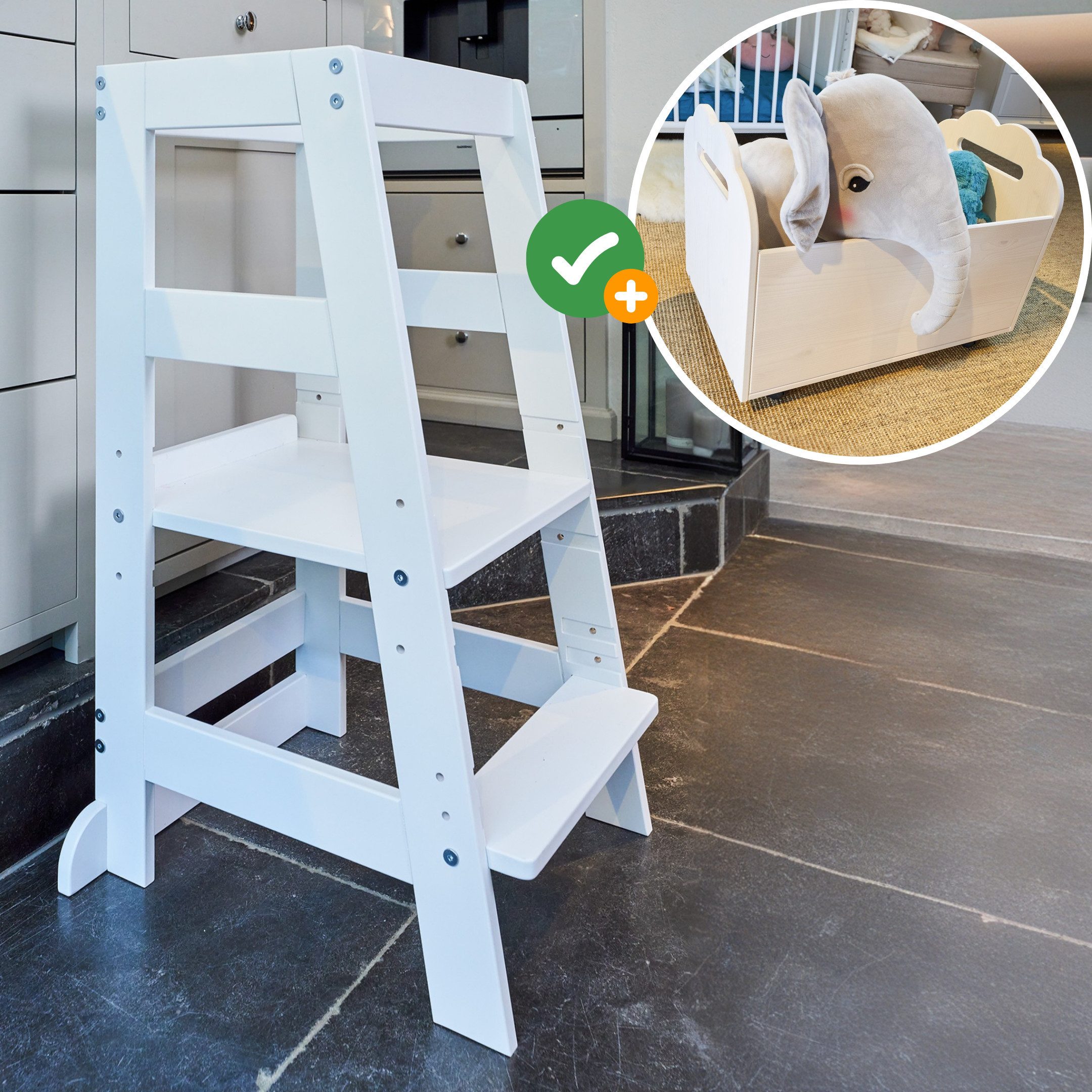Alavya Home® Stehhilfe Lernturm Tritthocker FSC 100% + Spielzeugtruhe, Spielzeug-Organizer mit 4 Rollen Aufbewahrungsregal aus Kiefernholz