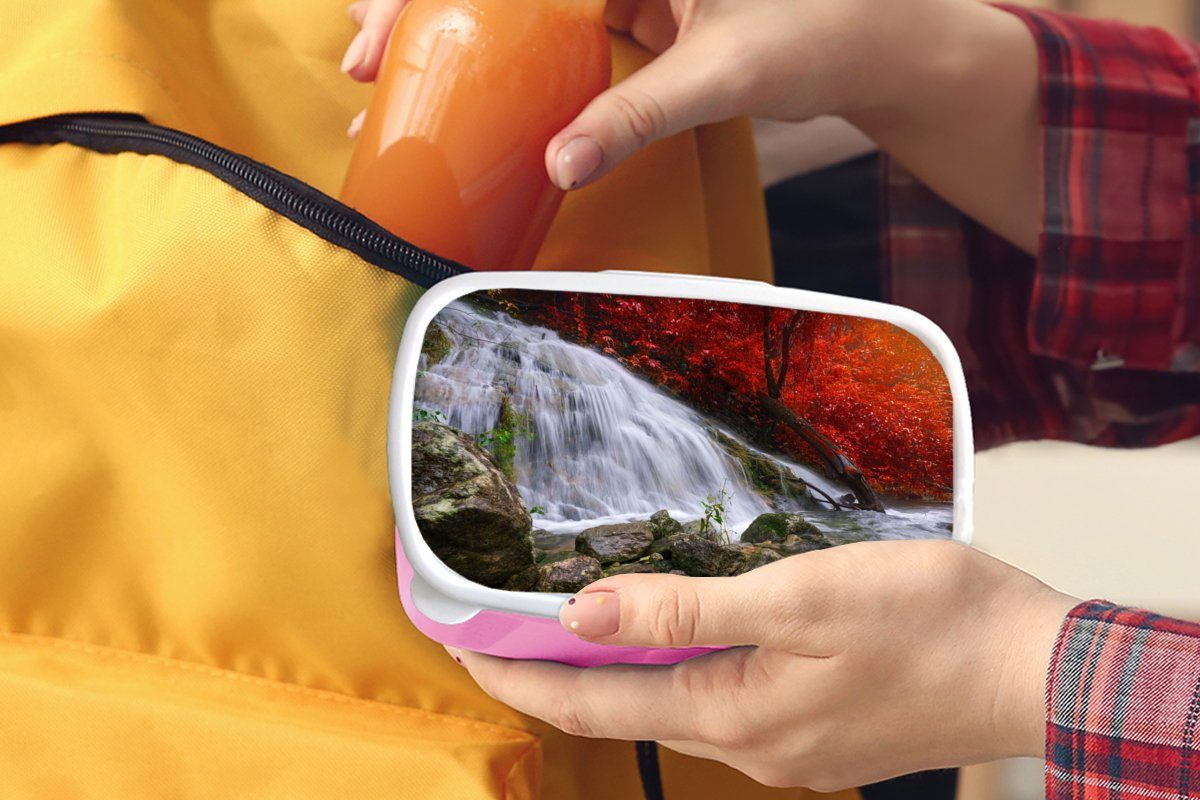 MuchoWow Lunchbox Wasserfall Mädchen, - Wasser - Erwachsene, für rosa Herbst, Kinder, Brotbox Brotdose (2-tlg), Snackbox, Kunststoff Felsen - Kunststoff