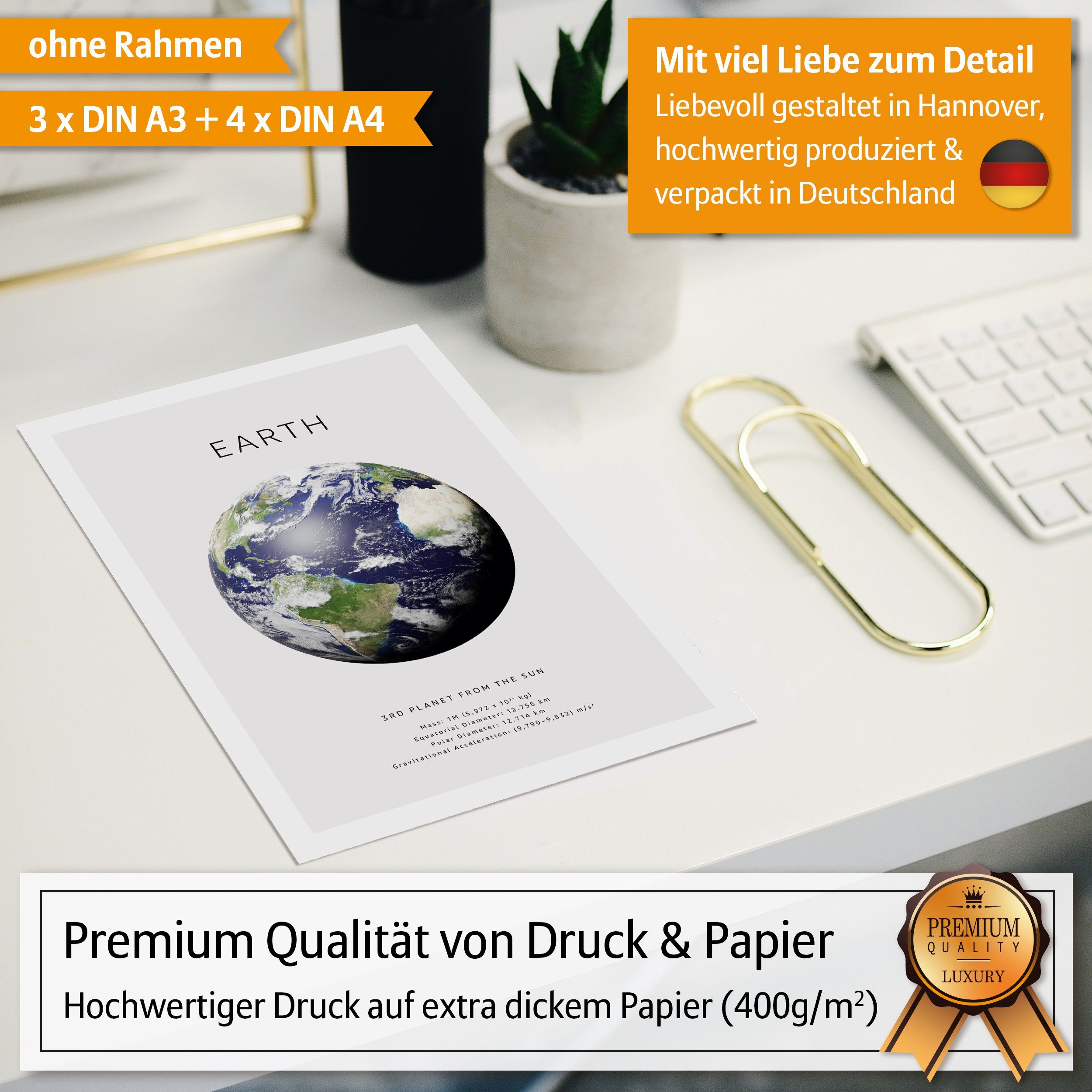 Hyggelig Home Poster Planeten, Premium Poster Set OHNE & MIT Rahmen, 7 Wandbilder Erde Mars, Weltraum (Set, 7 St), Collage Sky Qualitätsdruck dickes Papier knickfrei