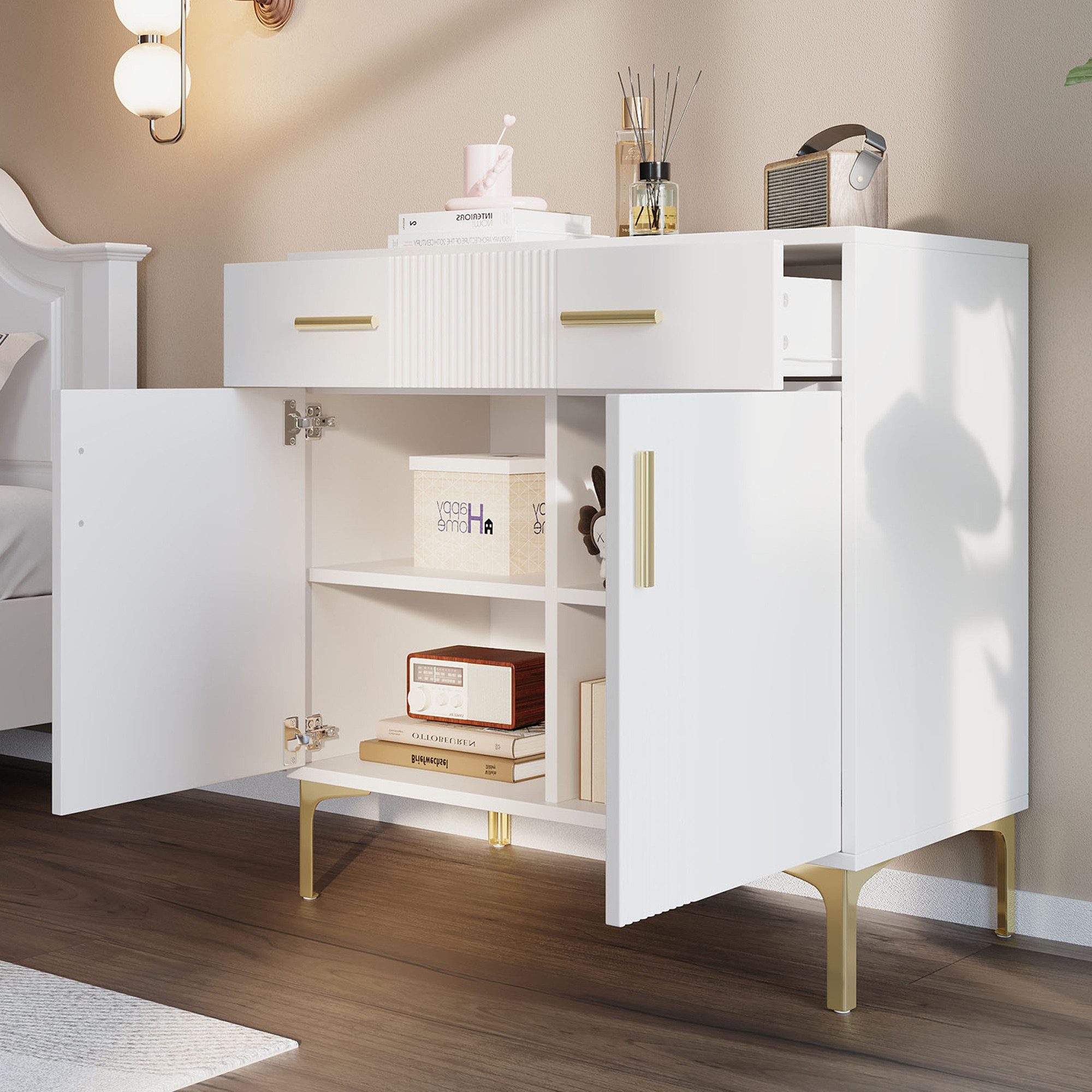 Flieks Kommode mit 2 Schubladen und 2 Türen Weiß (B80/T35/H79,5 cm, 1 St., für Wohnzimmer, Flur, Schlafzimmer und Esszimmer), Sideboard Mehrzweckschrank mit verstellbare Einlegeböden Holzschrank