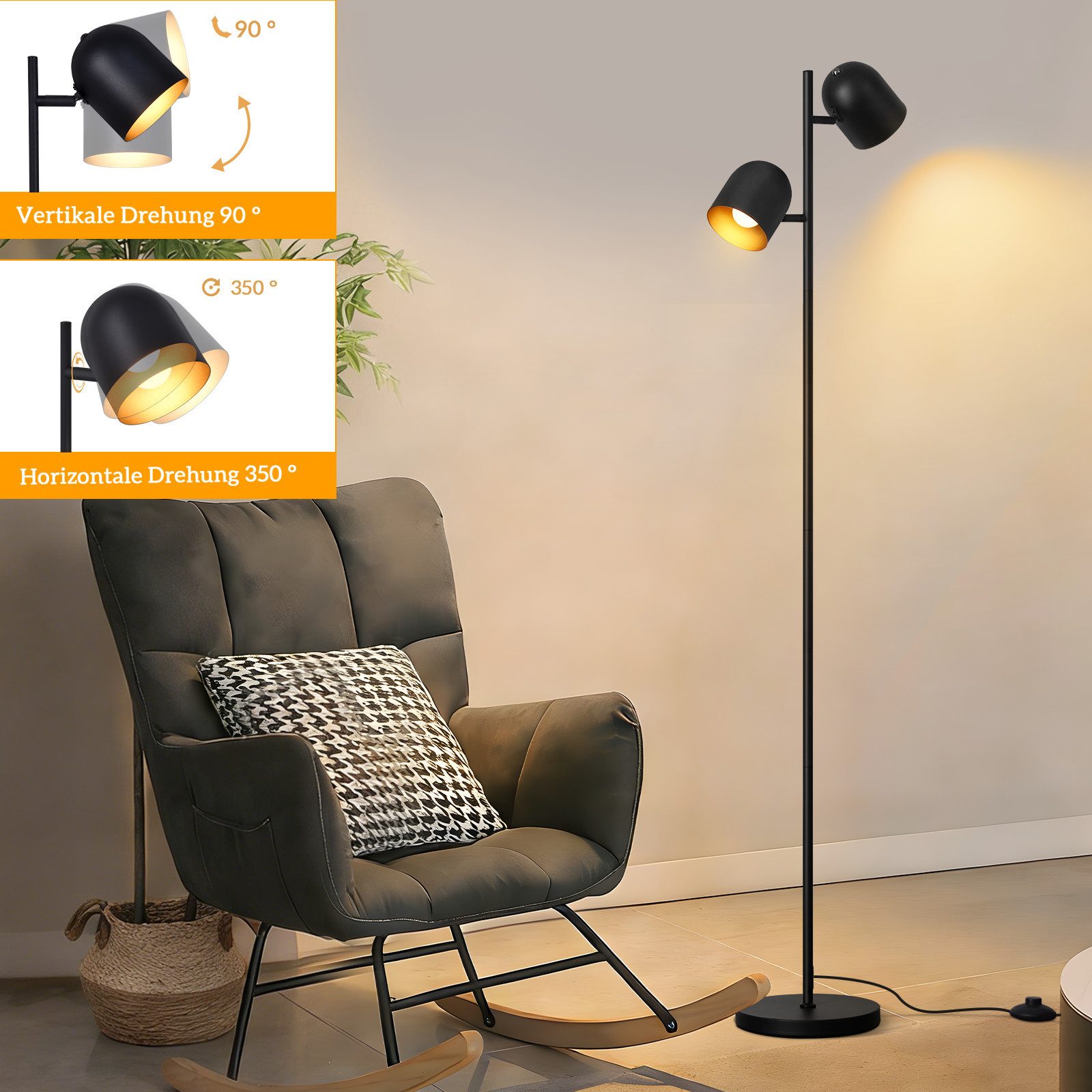 Nettlife Stehlampe Wohnzimmer Schwarz Metall Industrielle Retro Leselampe 2 E14 Fassungen, 350° schwenkbar, ohne Leuchtmittel, Stehleuchte Leselampe Retro für S – Bild 5 von 5