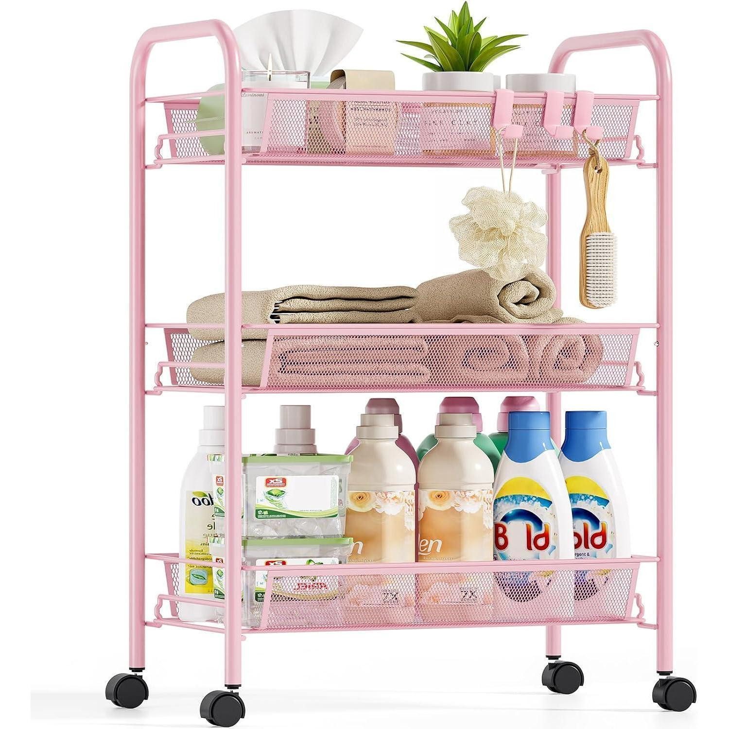 LuxusKollektion Servierwagen Rollwagen Küchenwagen Metall Netzkorb Seitenhaken 3-Ebenen Rosa