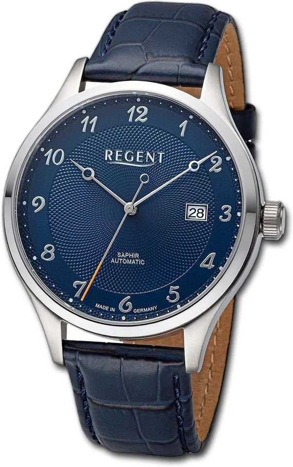Regent Quarzuhr Regent Herren Armbanduhr Analog, Herrenuhr Lederarmband blau,  rundes Gehäuse, extra groß (ca. 42mm)