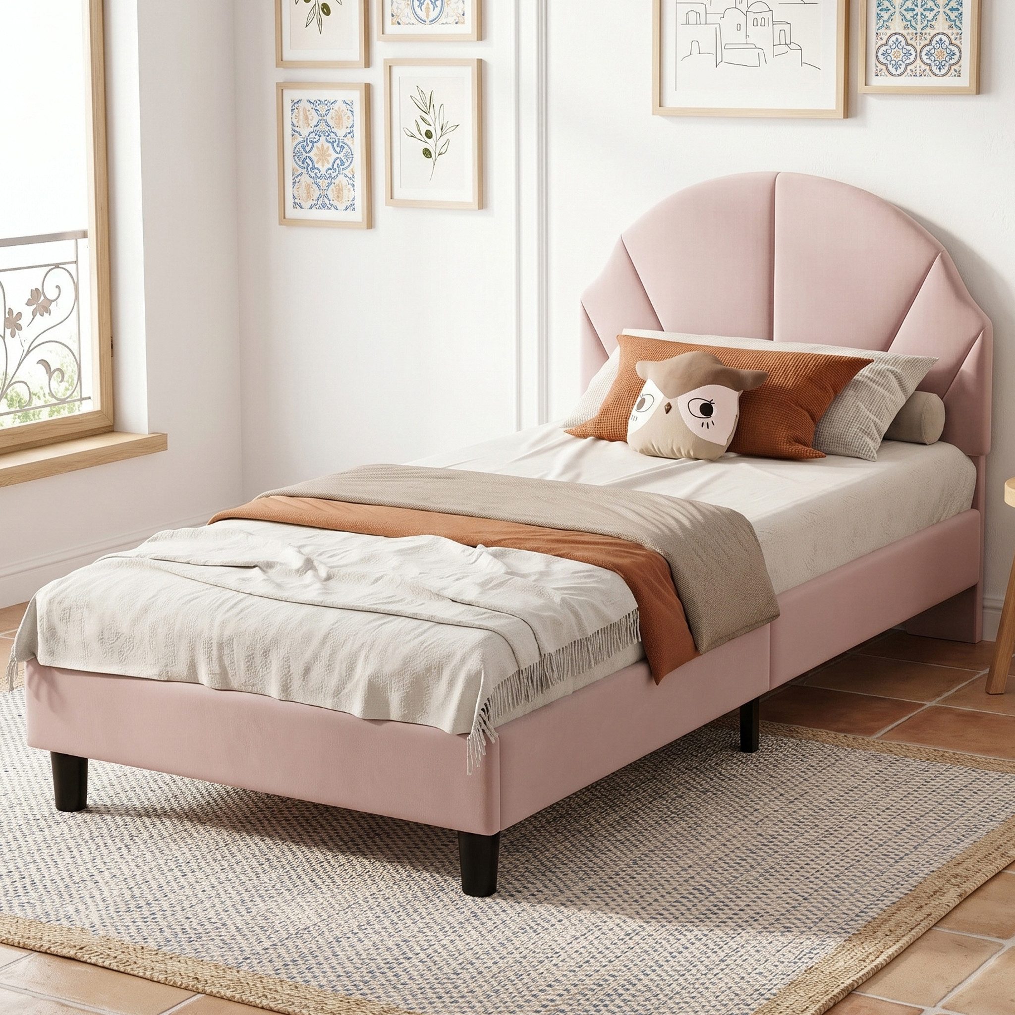 zebery Kinderbett Polsterbett Mit Kopfteil und Bettgestell (Packung, 1-tlg., 90x200 cm,Die Höhe des Kopfteils ist verstellbar,Samtstoff - Rosa)