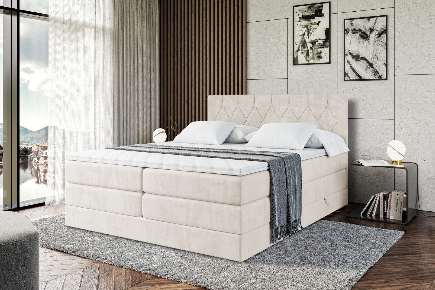 ALTDECOR Boxspringbett VELANTO-BZ KING (mit Matratze und Lattenrost Topper Polsterbett mit Bettkasten Boxbett), H4 Multipocket, H3 Bonellfederung, Doppelbett Springboxbett