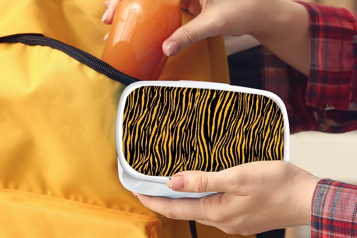 MuchoWow Lunchbox Tigerdruck und Jungs - Kinder für Orange, für Brotdose, Mädchen Erwachsene, Kunststoff, Brotbox - Tiere weiß (2-tlg), und