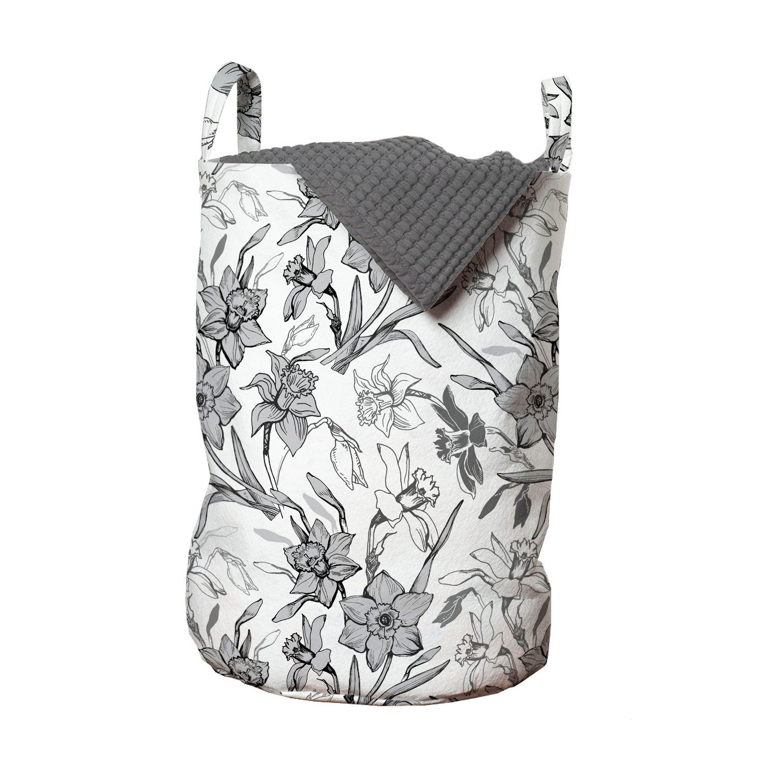 Abakuhaus Wäschesäckchen Wäschekorb mit Griffen Kordelzugverschluss für Waschsalons, Blumen Detaillierte Graustufen Blumen