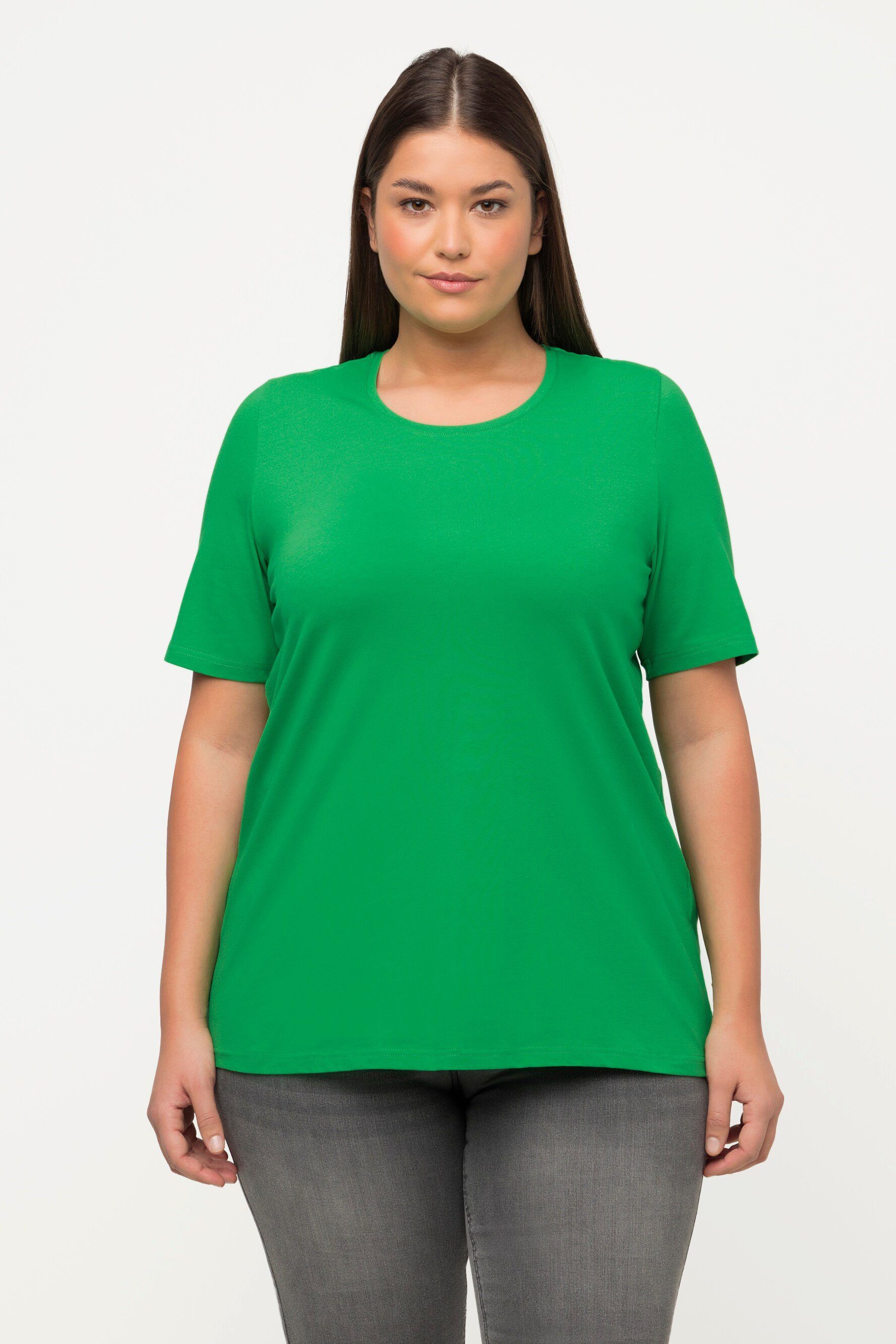 Ulla Popken Rundhalsshirt T-Shirt A-Linie Rundhalsausschnitt Halbarm grasgrün