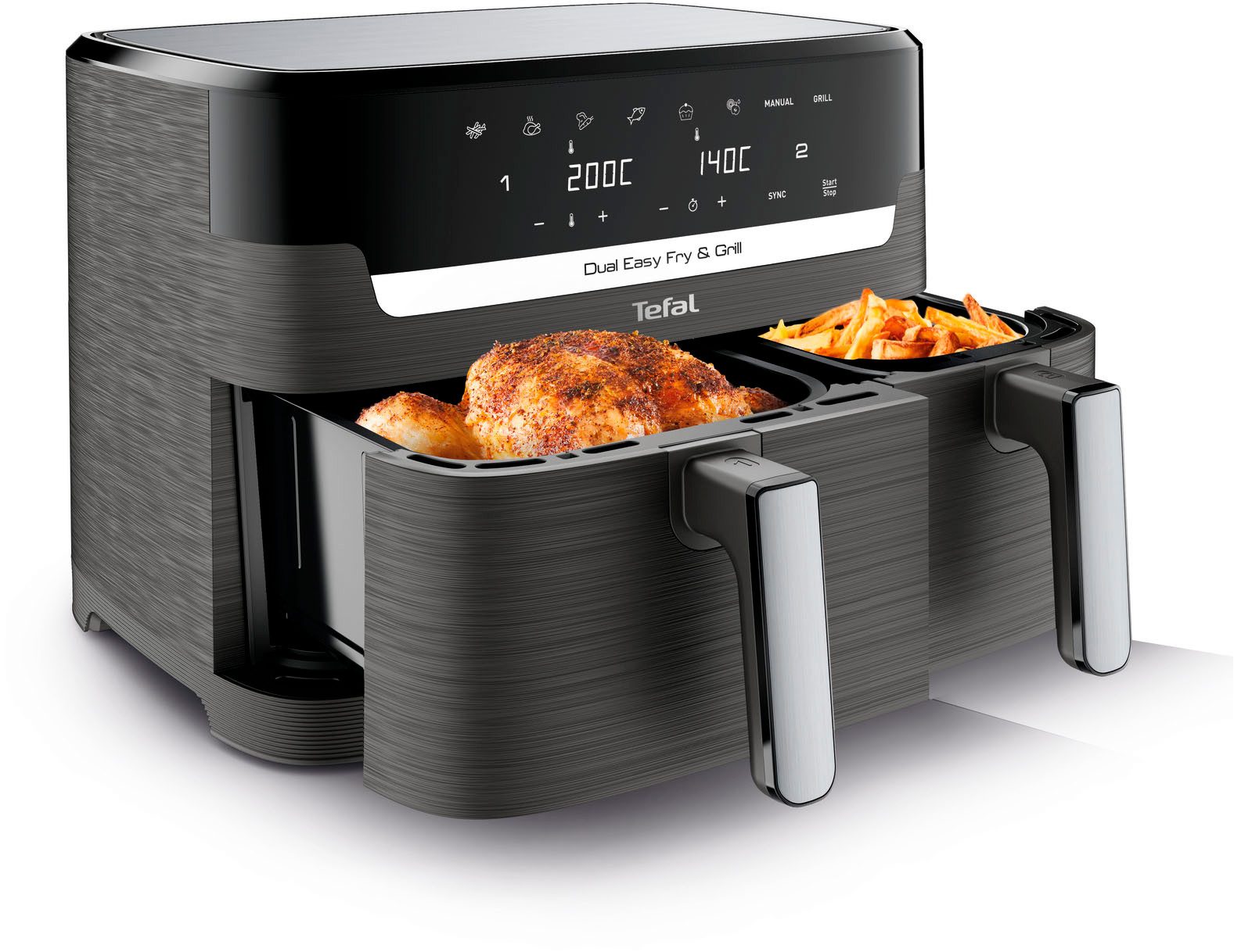 Tefal Heißluftfritteuse Dual Easy Fry & Grill EY905B, knusprig und gesünder kochen, 8 voreingestellte Programme, 2700 W, Doppelkammer, inkl. Grillplatten