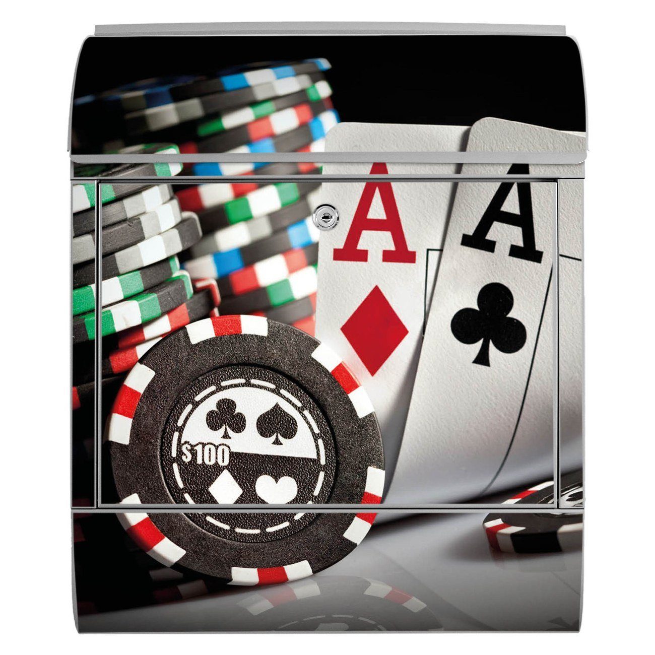 banjado Wandbriefkasten Stahl Poker (Wandbriefkasten 39 x 47 mit x silberfarben 14cm pulverbeschichtet, witterungsbeständig, Zeitungsfach)