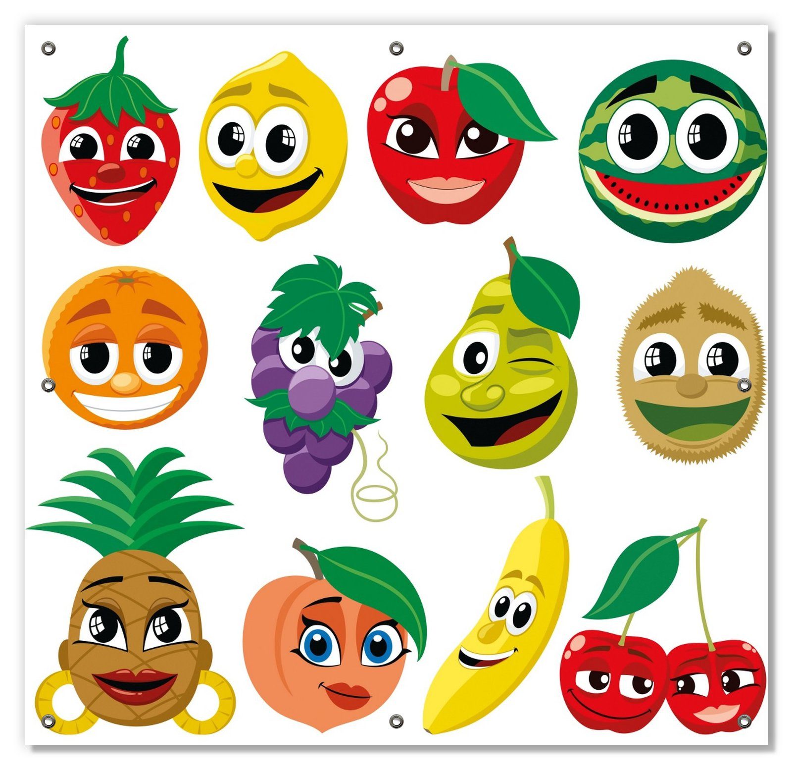 Sonnenschutz Obst-Smilies im Comic-Stil - Lustige Früchte, Wallario, blickdicht, mit Saugnäpfen, wiederablösbar und wiederverwendbar