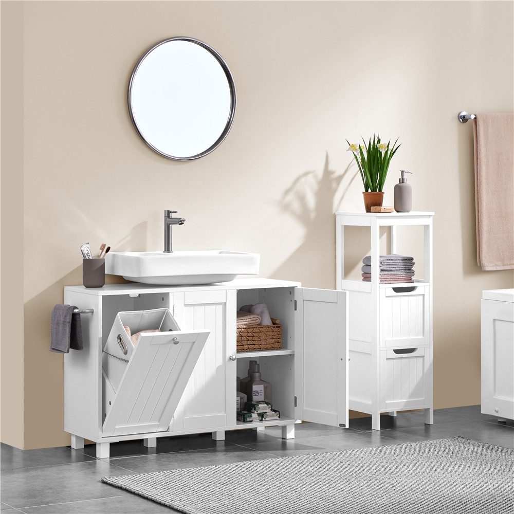 Yaheetech Waschbeckenunterschrank Badunterschrank mit 3 Türen und Verstellbarem Einlegeboden 90 cm L × 30 cm B × 62,5 cm H Unterschrank mit Integriertem Wäschekorb