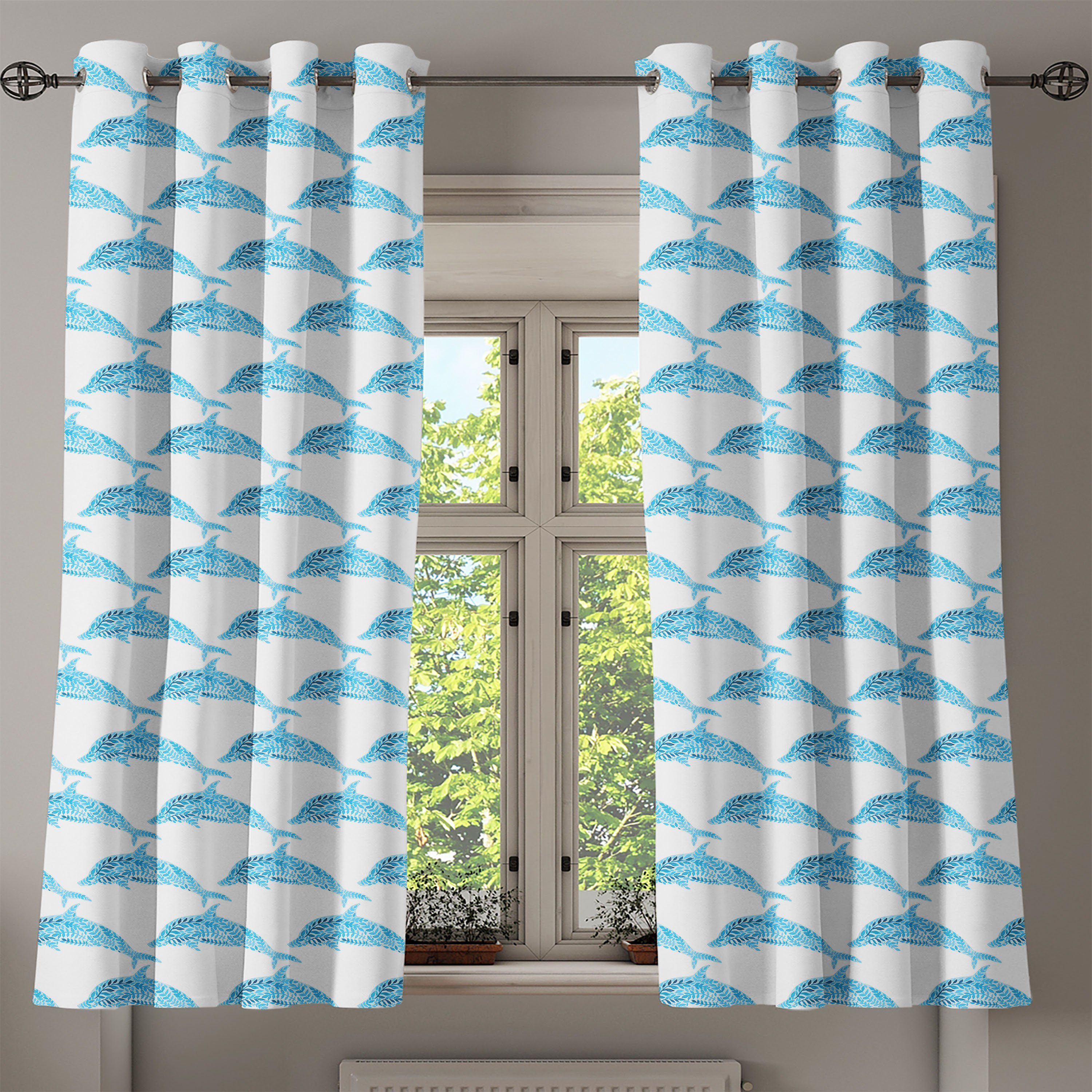 für 2-Panel-Fenstervorhänge Leaves Schlafzimmer Dekorative Dolphins Abakuhaus, Wohnzimmer, Gardine Aqua Meer