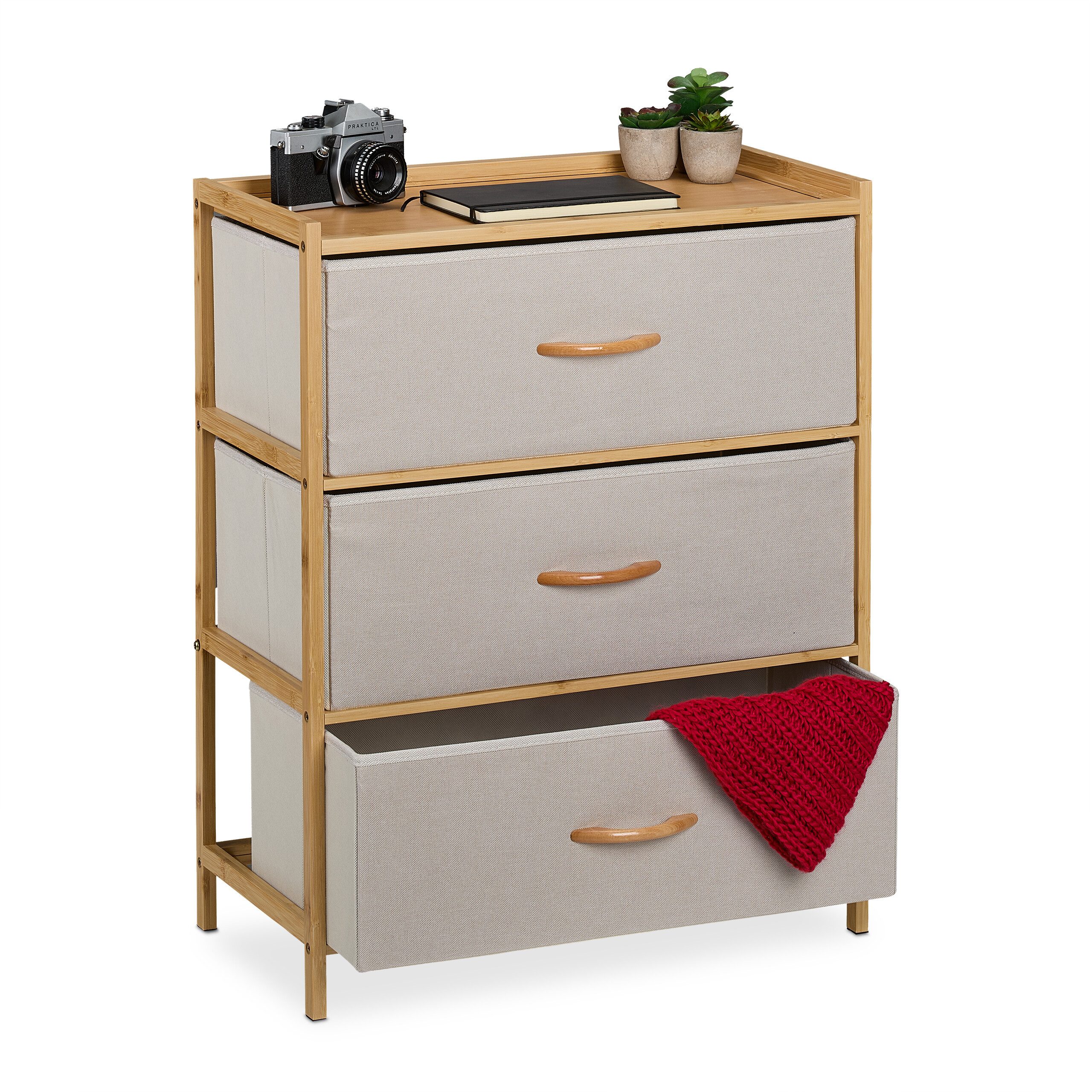 relaxdays Kommode Bambus Kommode 3 Schubladen, Beige