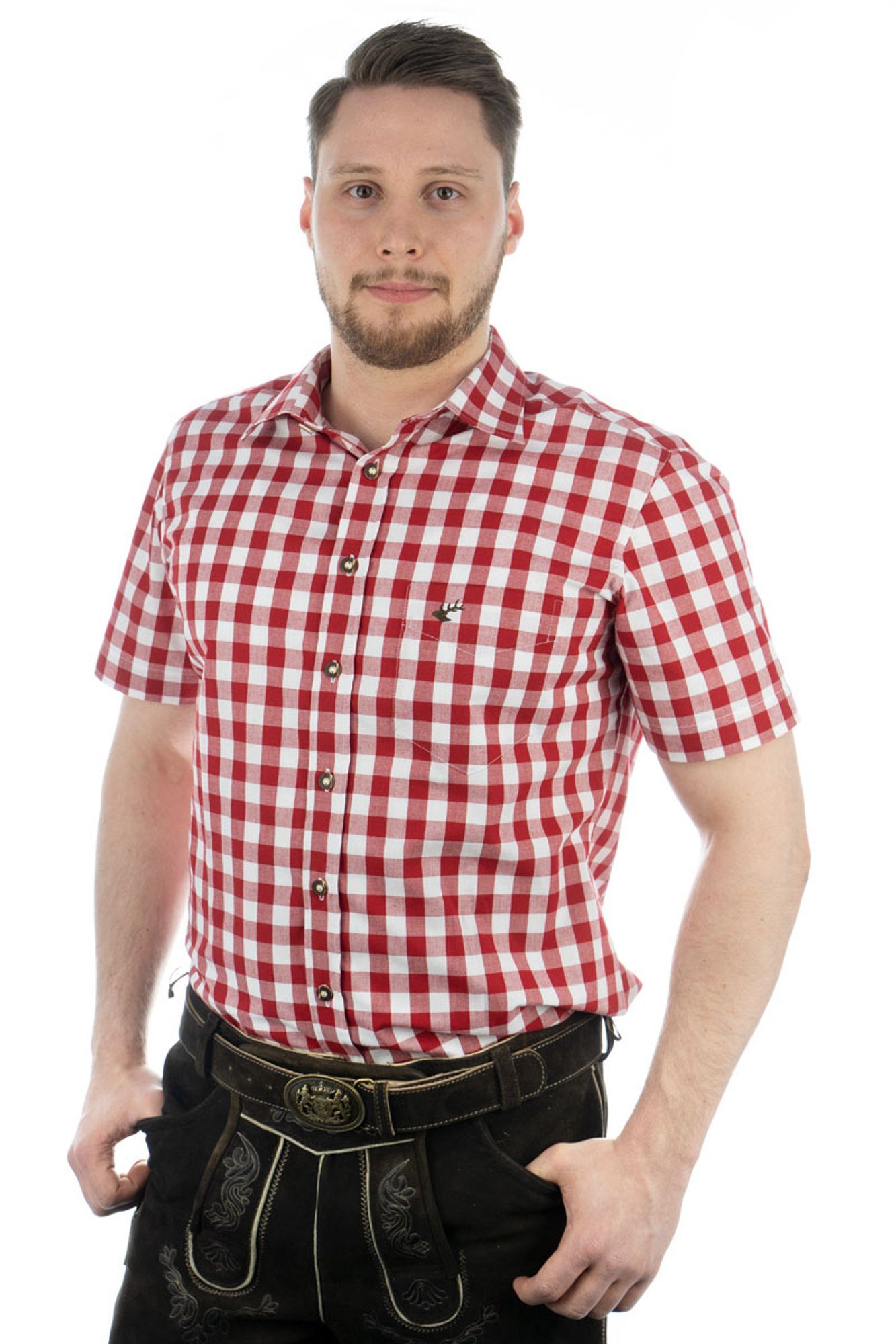 mittelrot Trachtenhemd Hirsch-Stickerei mit Brusttasche mit Iluvu OS-Trachten aufgesetzter Kurzarmhemd