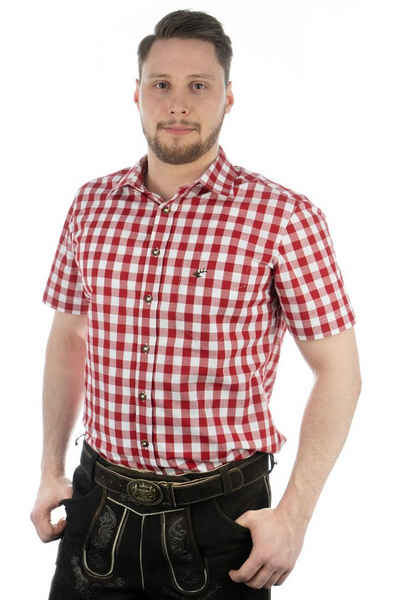 OS-Trachten Trachtenhemd Iluvu Kurzarmhemd mit aufgesetzter Brusttasche mit Hirsch-Stickerei