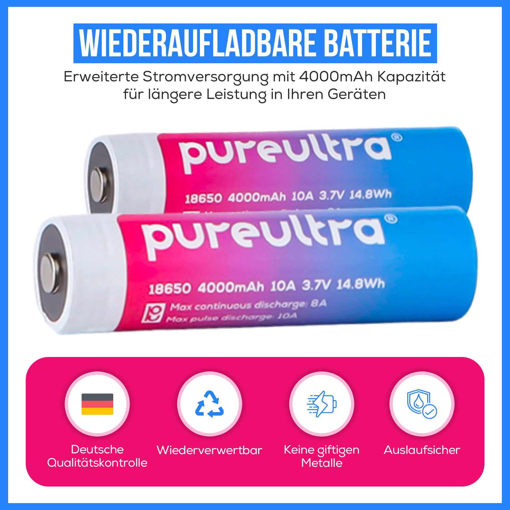 PureUltra Akku 18650 Li-Ion 4000 mAh (3,7 V), geschützt, 10 A High Drain für Hochleistungs-Taschenlampen