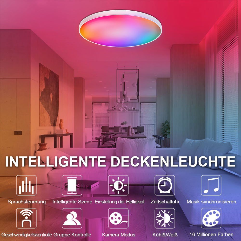Sunicol Deckenleuchte Smart LED Deckenlampe Farbwechsel, 30W/48W,RGB+CCT, Dimmbare, Timer, LED wechselbar, RGB+CCT