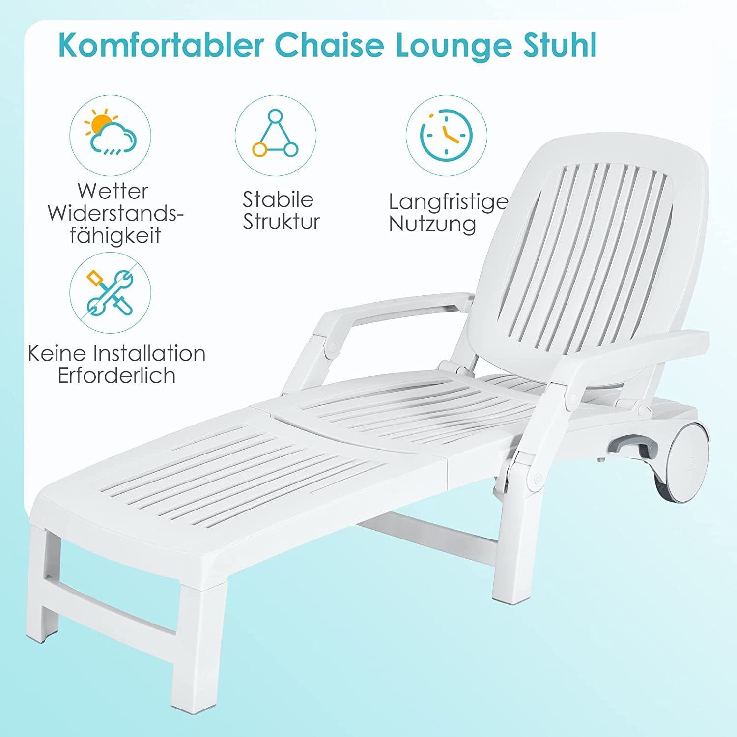 KOMFOTTEU Gartenliege Sonnenliege mit Räder, 6Fach verstellbar