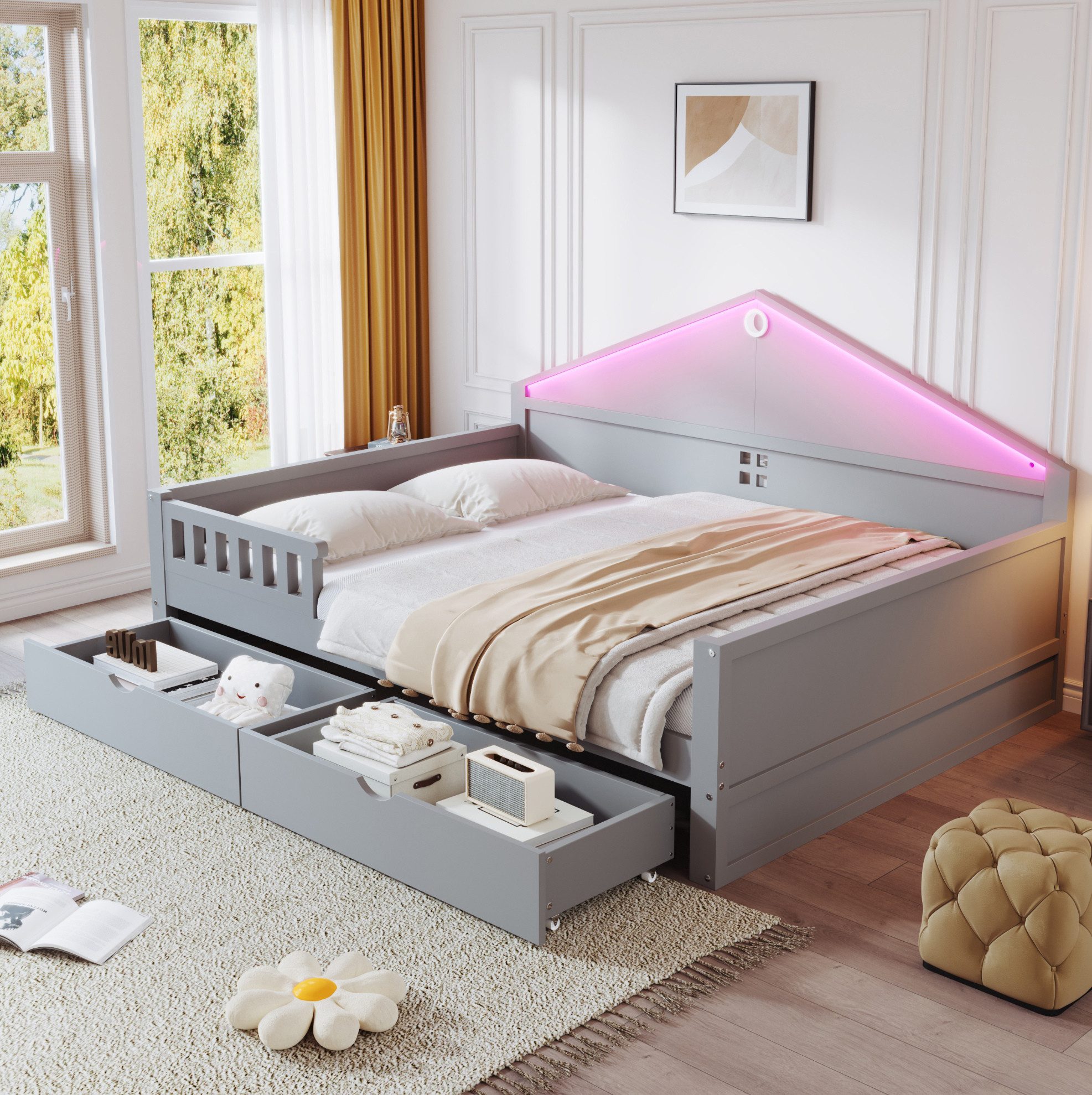 REDOM Kinderbett mit LED-Lichtleiste & geräumigen Schubladen (Einzelbett Stauraumbett 140×200 cm, Holzbett), ohne Matratze