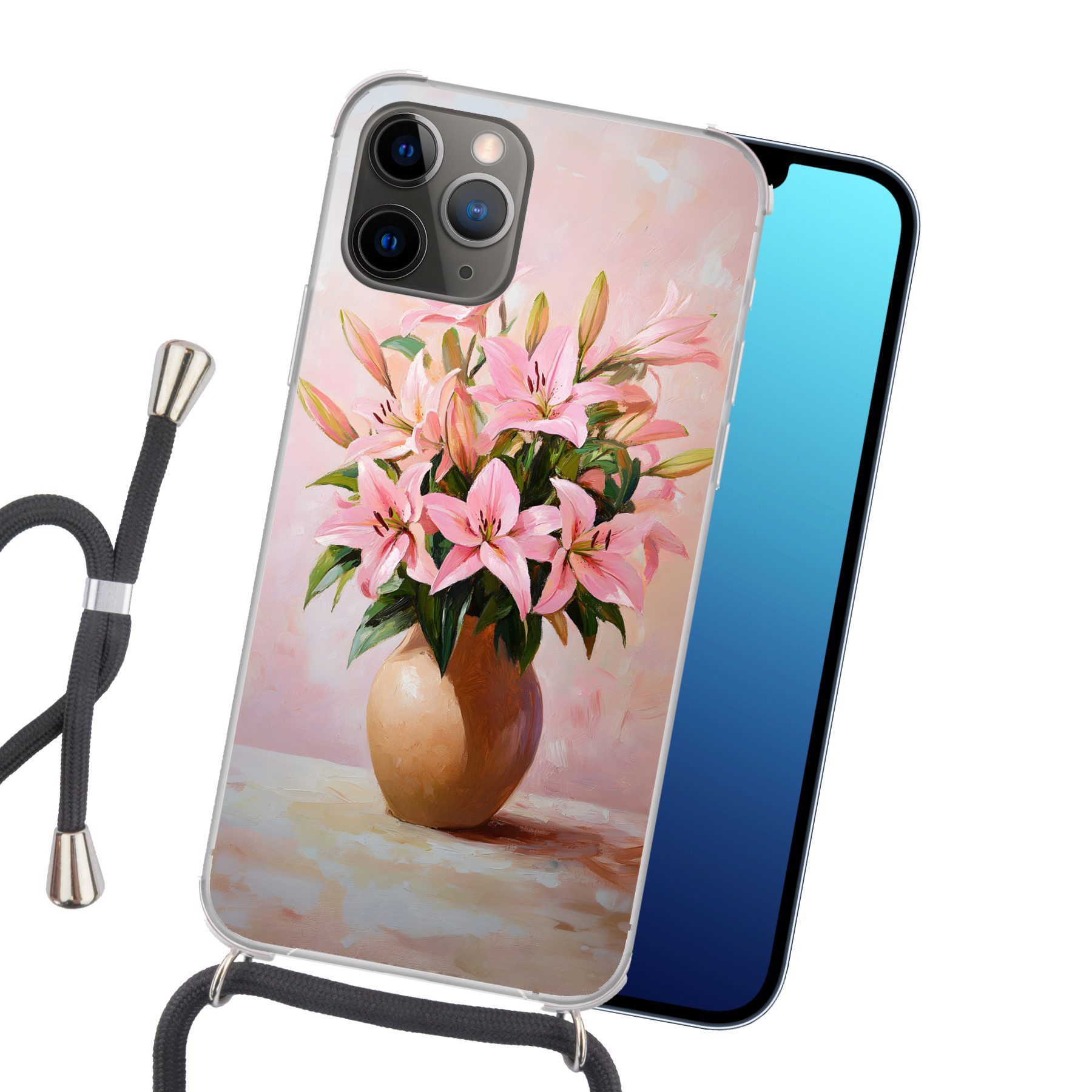 MuchoWow Handyhülle für Apple iPhone 13 Pro Max Vase - Blumen - Rosa, Tragbare Handyhüllen mit Kette zum umhängen, Handykette Handyband