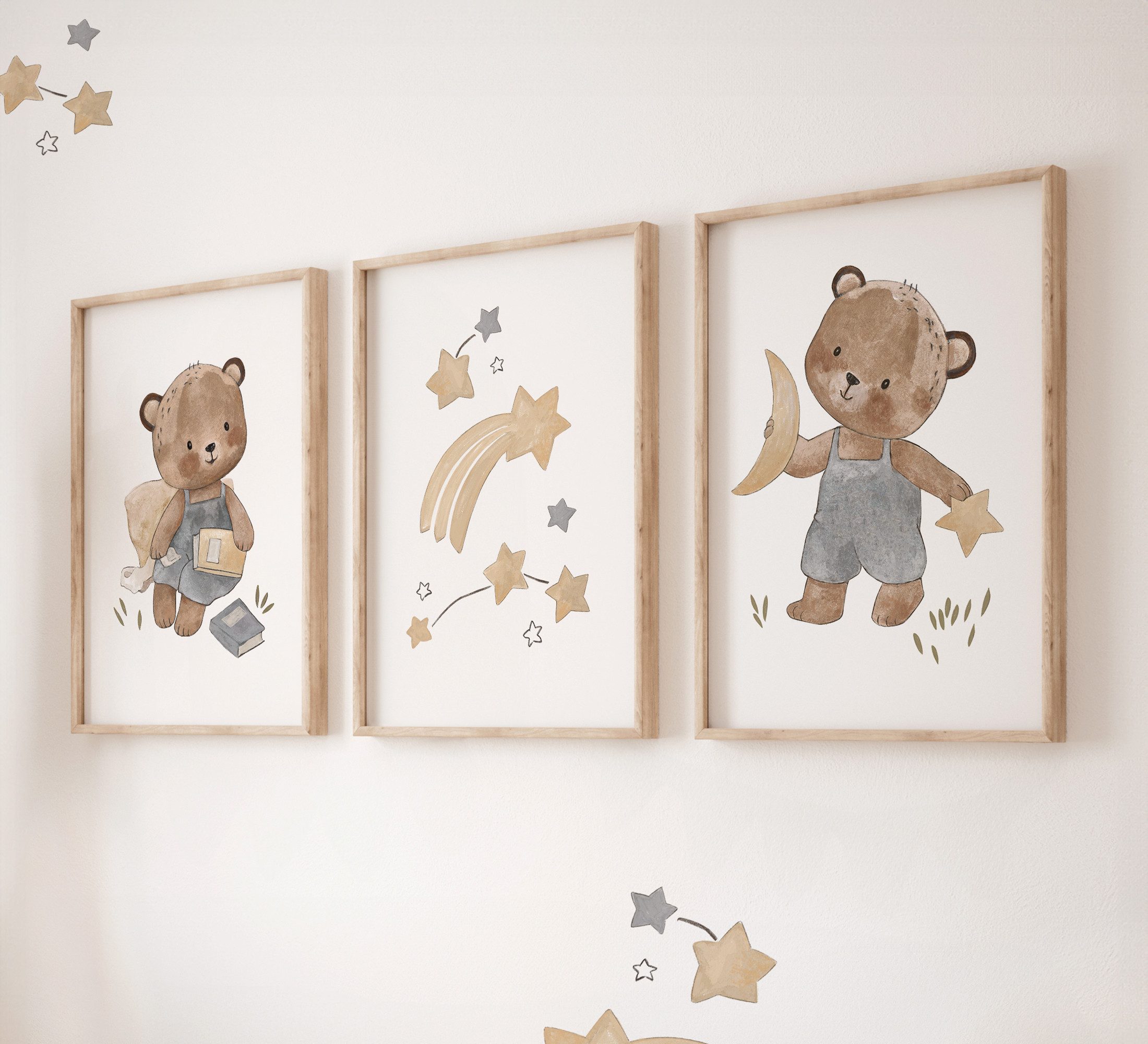Pipapier Poster 3er Posterset "Bärchen, Mond und Sterne" Kinderzimmer, Kinderposter Bärenposter, Bär Bilderset, Babyzimmer, Gute Nacht