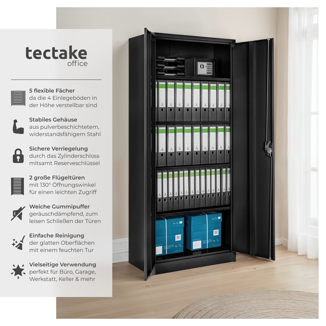 tectake Aktenschrank Büroschrank - hochwertiger Stahl für sichere Aufbewahrung (Rolladenschrank, 1-St., in Schwarz) verstellbare Böden für individuelle Anpassung