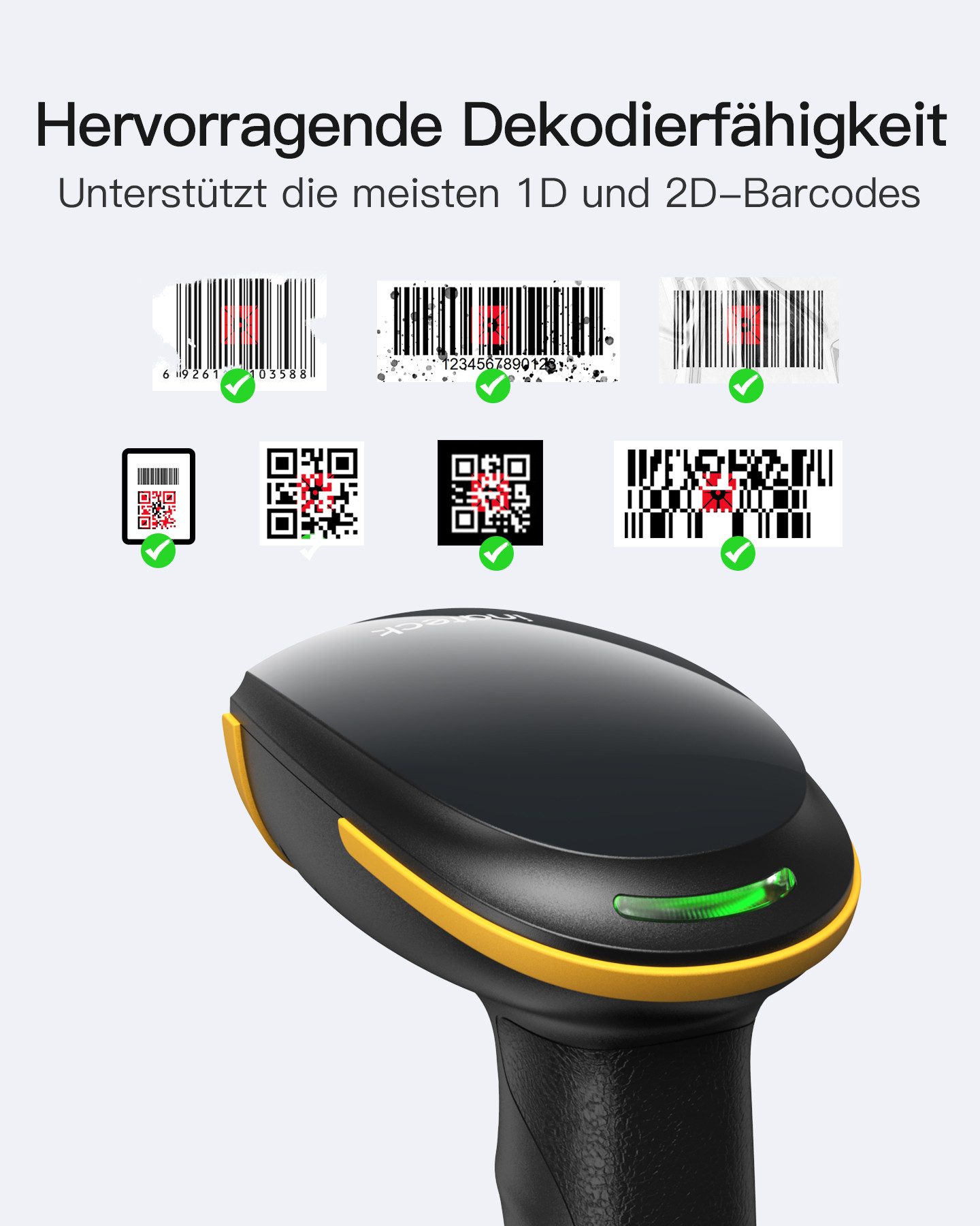 Inateck 1D 2D Barcode Scanner, kabelloser QR Code Scanner mit APP und SDK Handscanner, (mit Intelligentem Ständer)